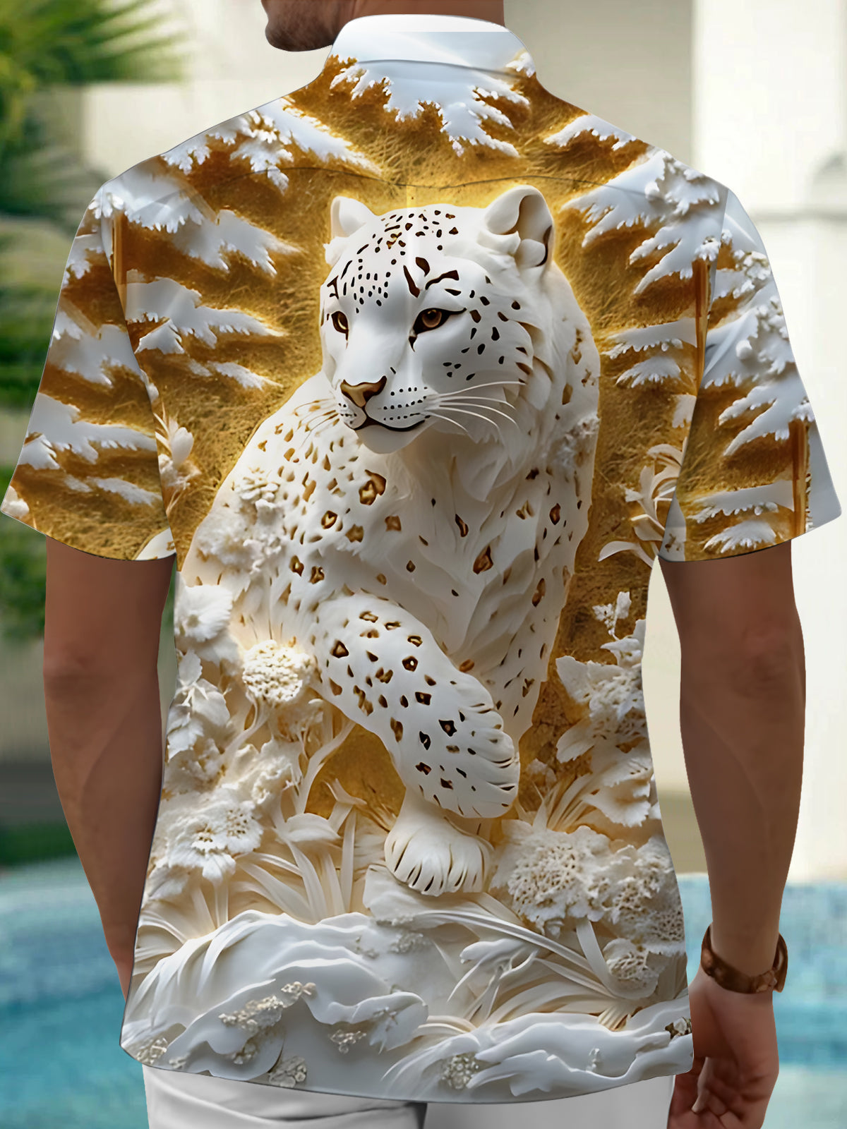 Snow Leopard Print Men's Pocket Short Sleeve Shirts