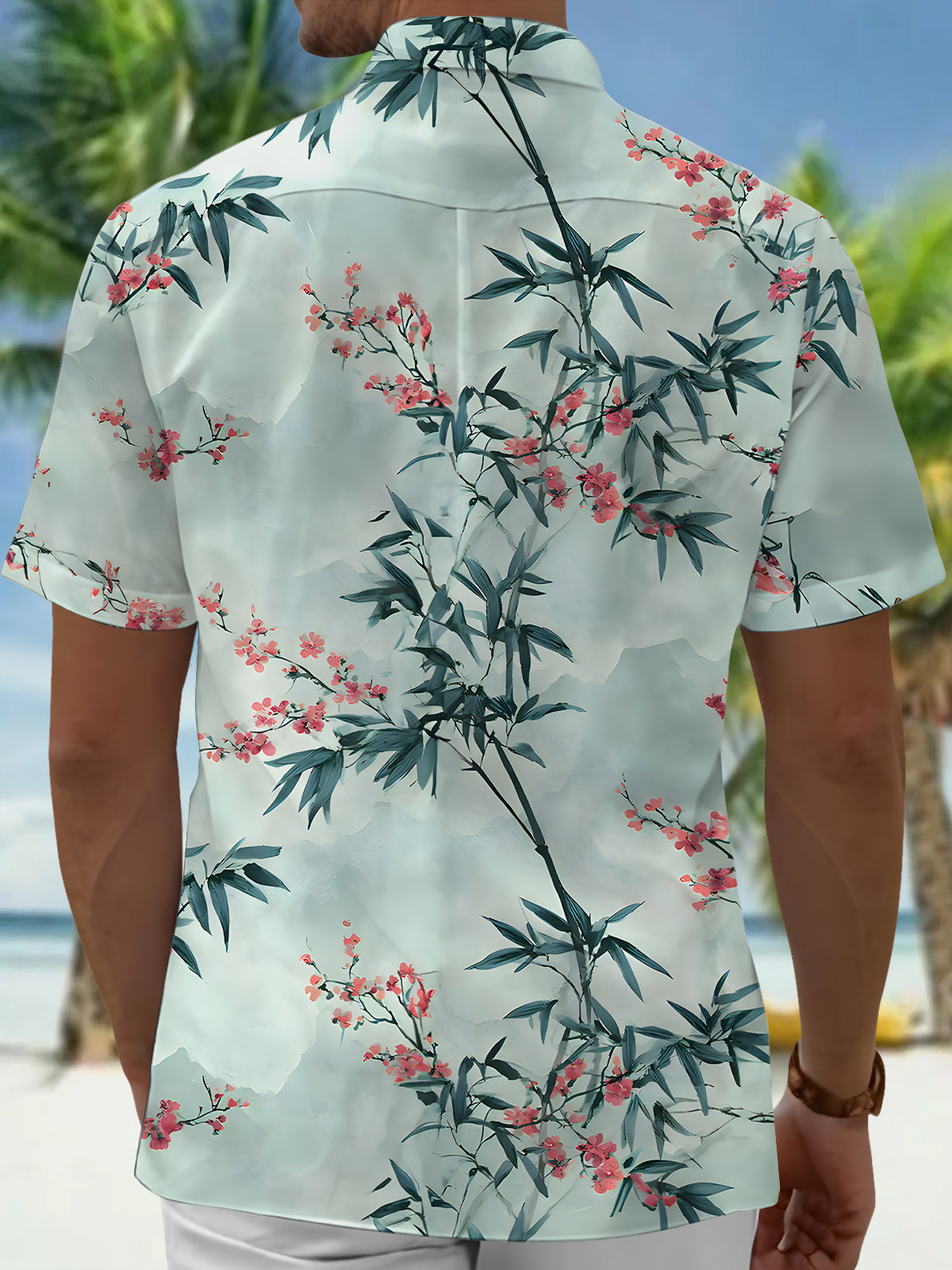 Bamboo Leaf Floral Men's Pocket Short Sleeve Shirts