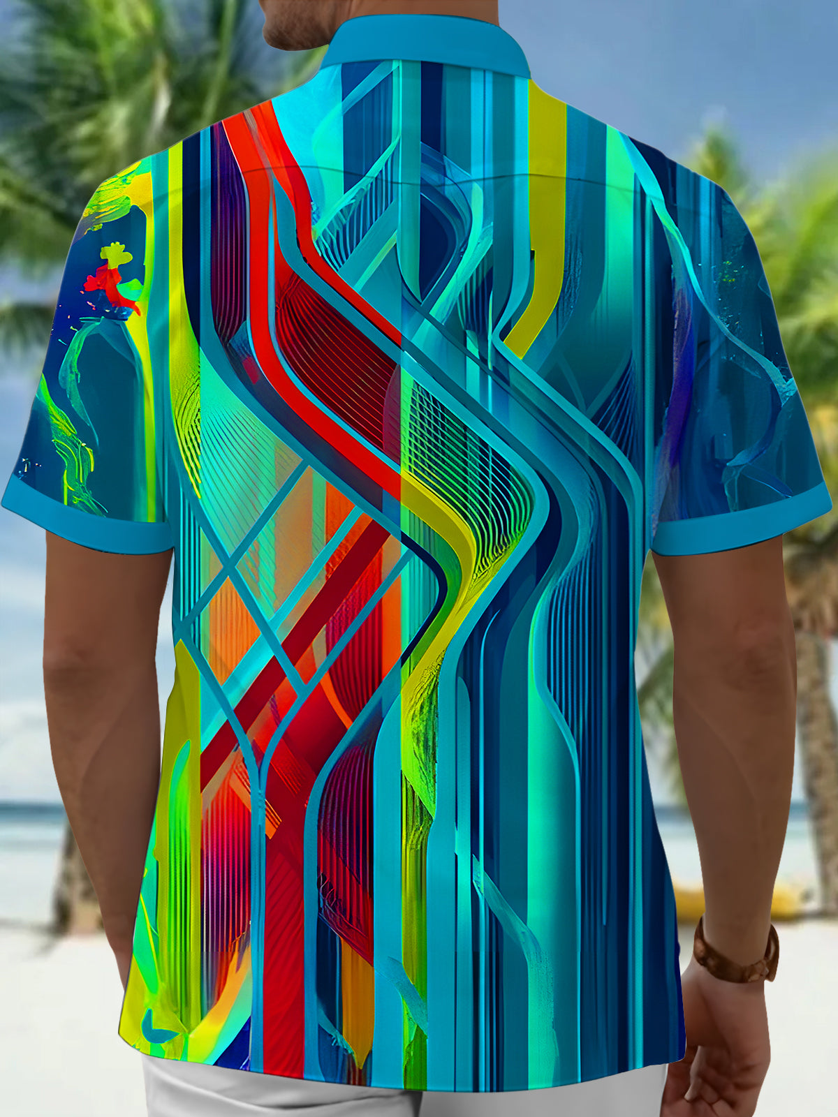 Colorful Line Geometry Men's Pocket Short Sleeve Shirts