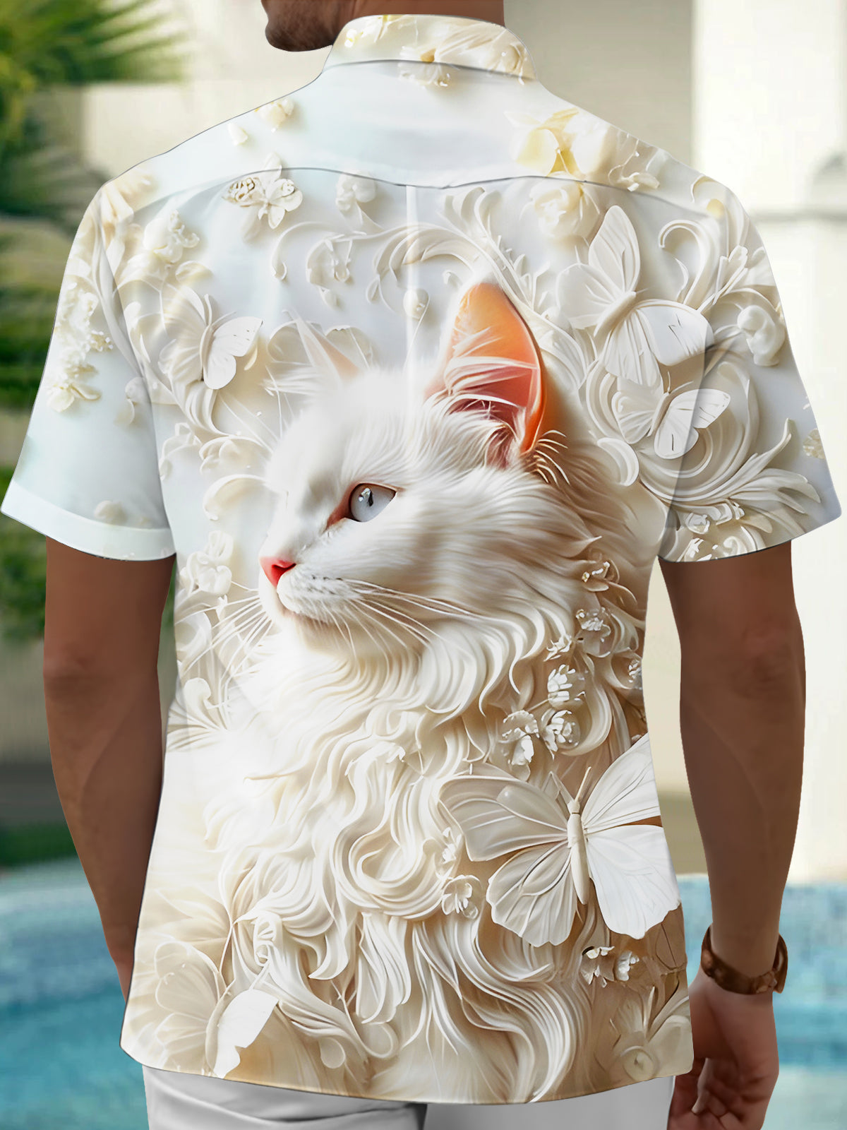 Cat Butterfly Floral Relief Men's Pocket Short Sleeve Shirts