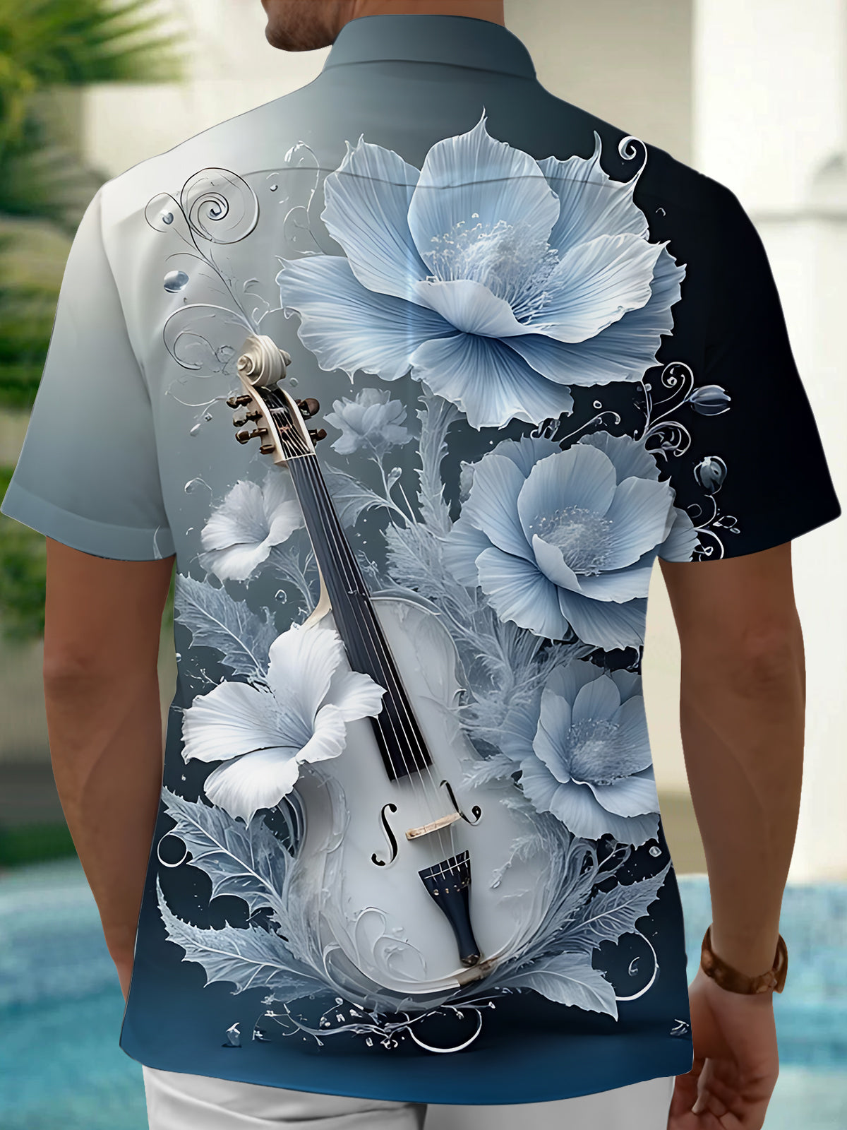 Floral Violin Print Men's Pocket Short Sleeve Shirts