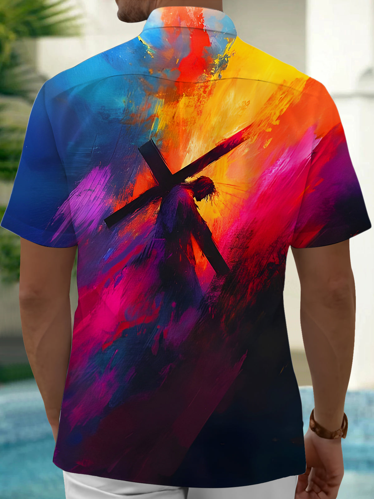 Tie Dye Gradient Jesus Cross Men's Pocket Short Sleeve Shirts