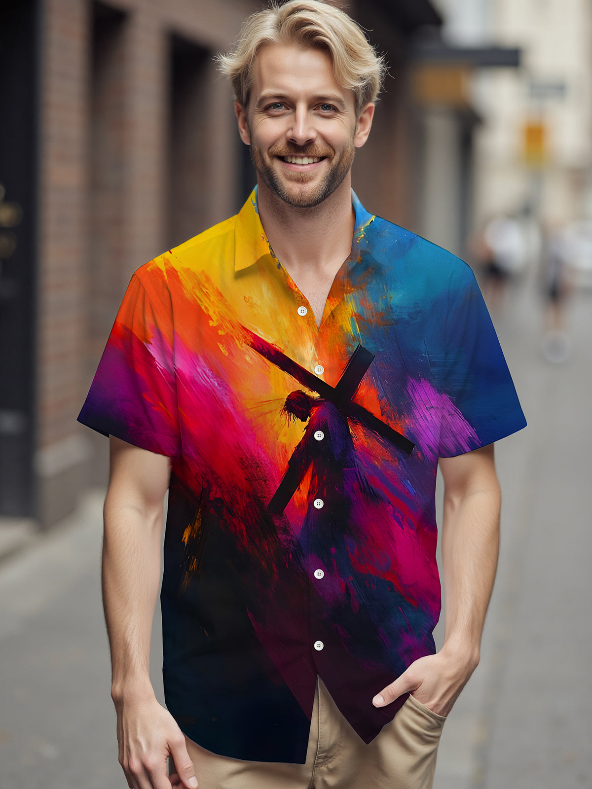 Tie Dye Gradient Jesus Cross Men's Pocket Short Sleeve Shirts