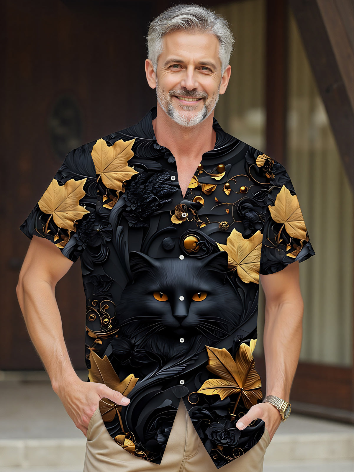 Black Cat Maple Leaf Print Men's Pocket Short Sleeve Shirts