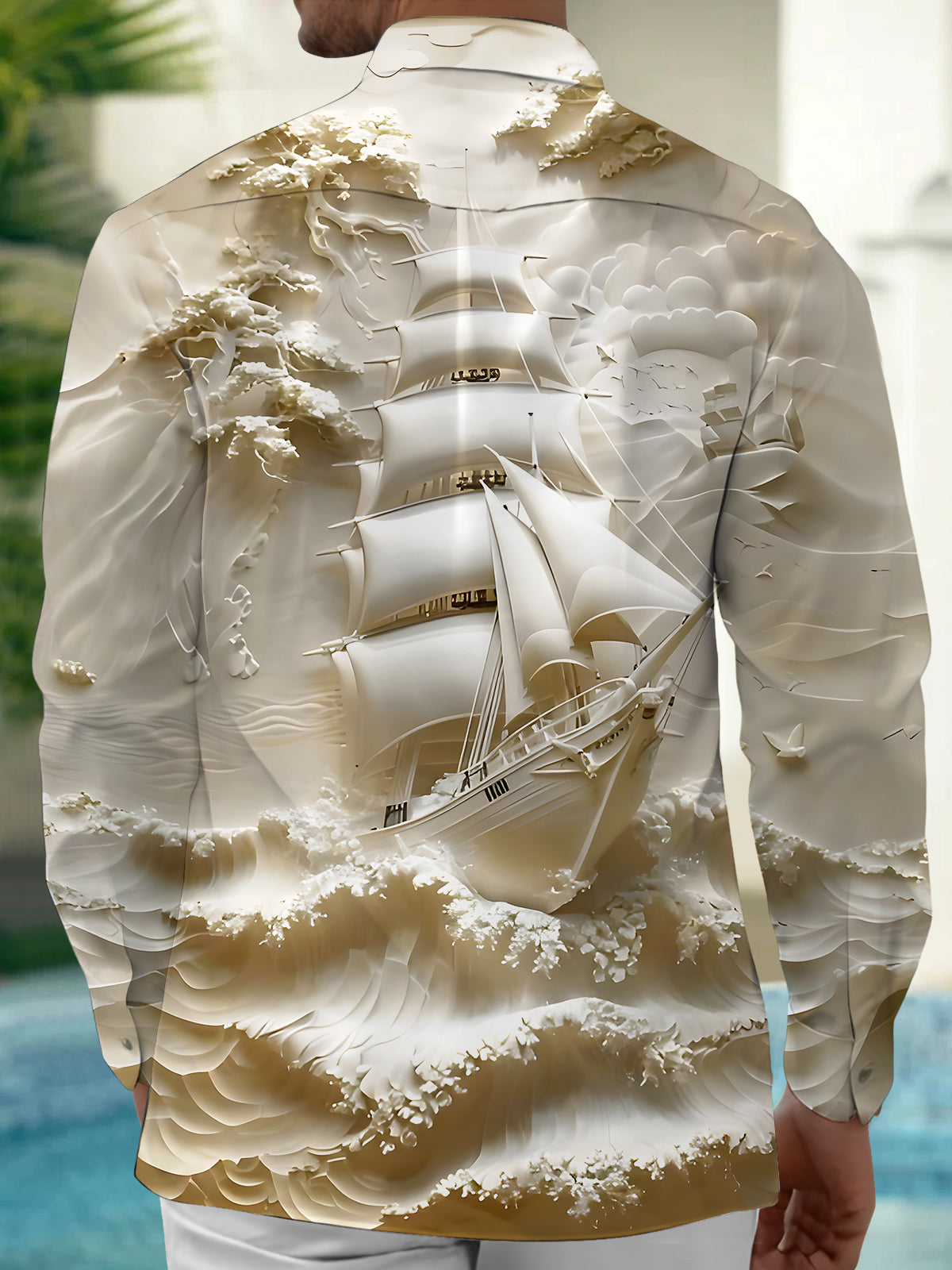 Boat Art Print Men's Pocket Long Sleeve Shirts