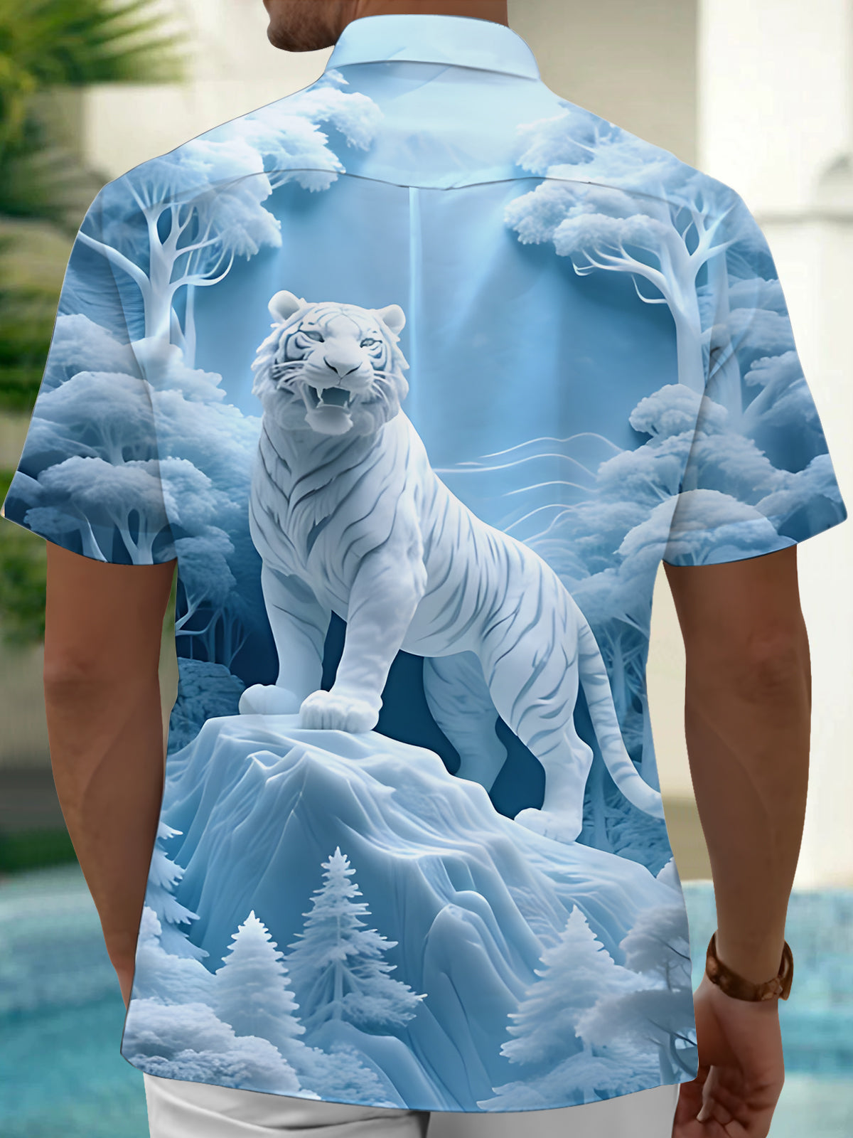 Ice Forest White Tiger Art Print Men's Pocket Short Sleeve Shirts