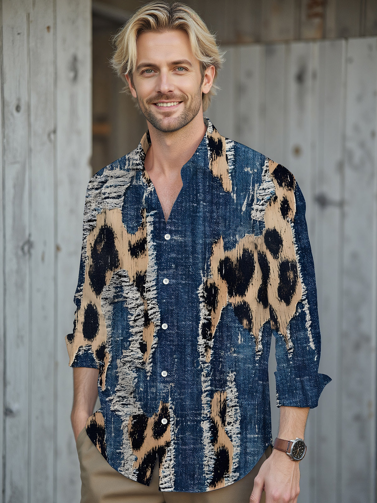 Leopard Men's Pocket Long Sleeve Shirts