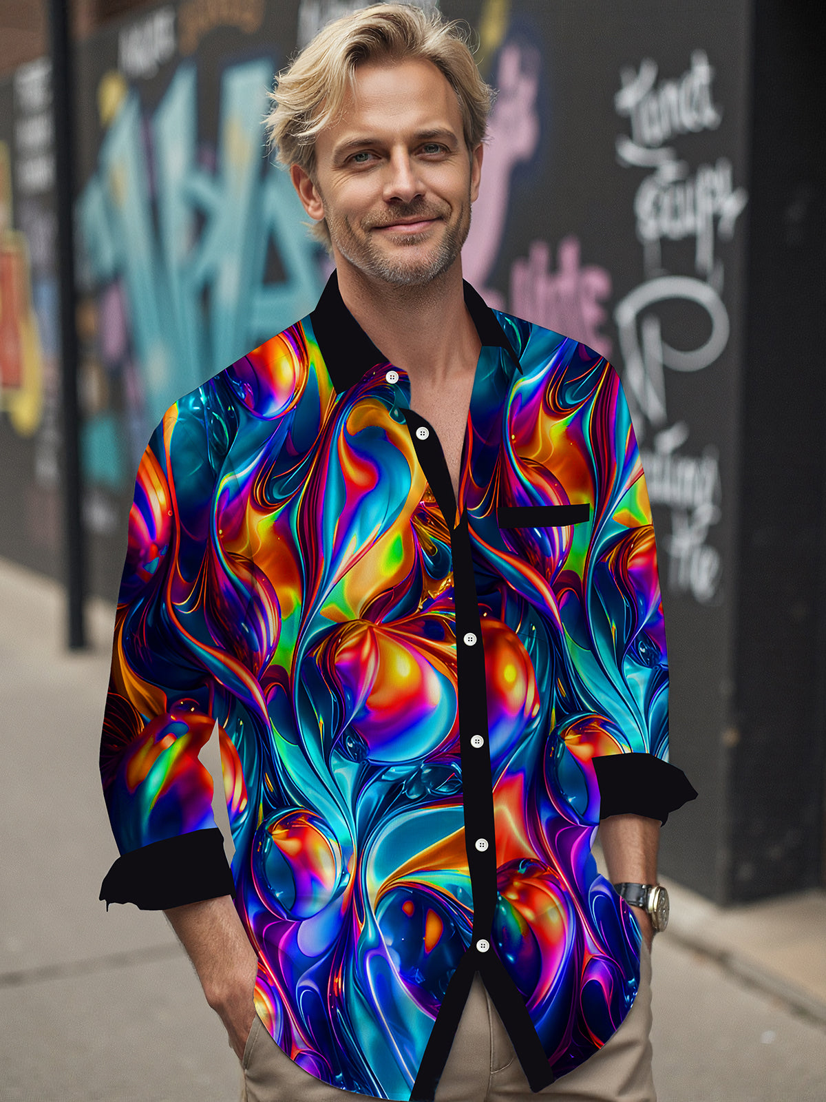 Psychedelic Colorful Abstract Men's Pocket Long Sleeve Shirts