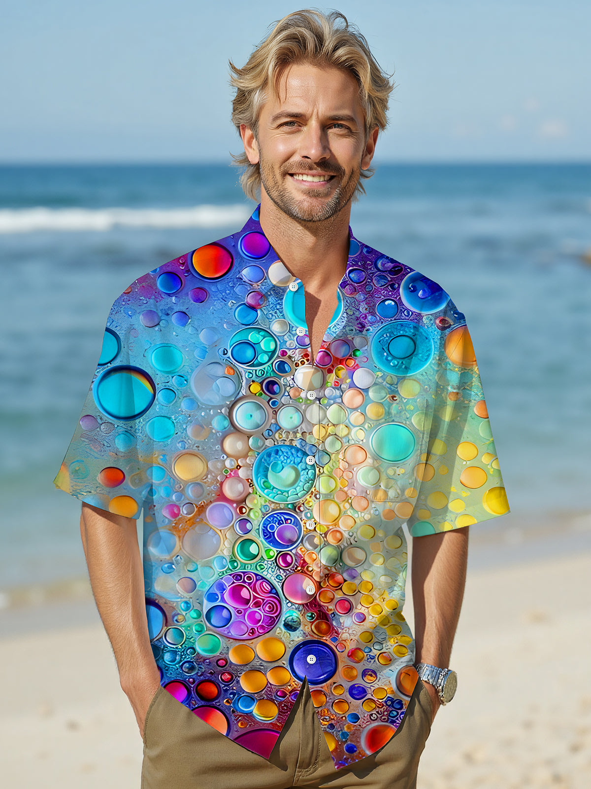 Hawaiian Colorful Water Drops Men's Pocket Short Sleeve Shirts