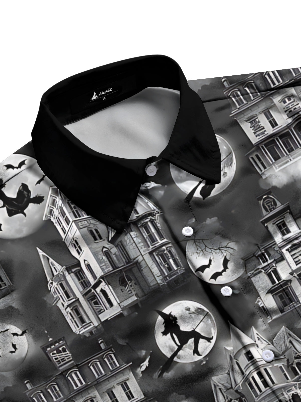 Halloween Witch Haunted House Print Men's Pocket Short Sleeve Shirts