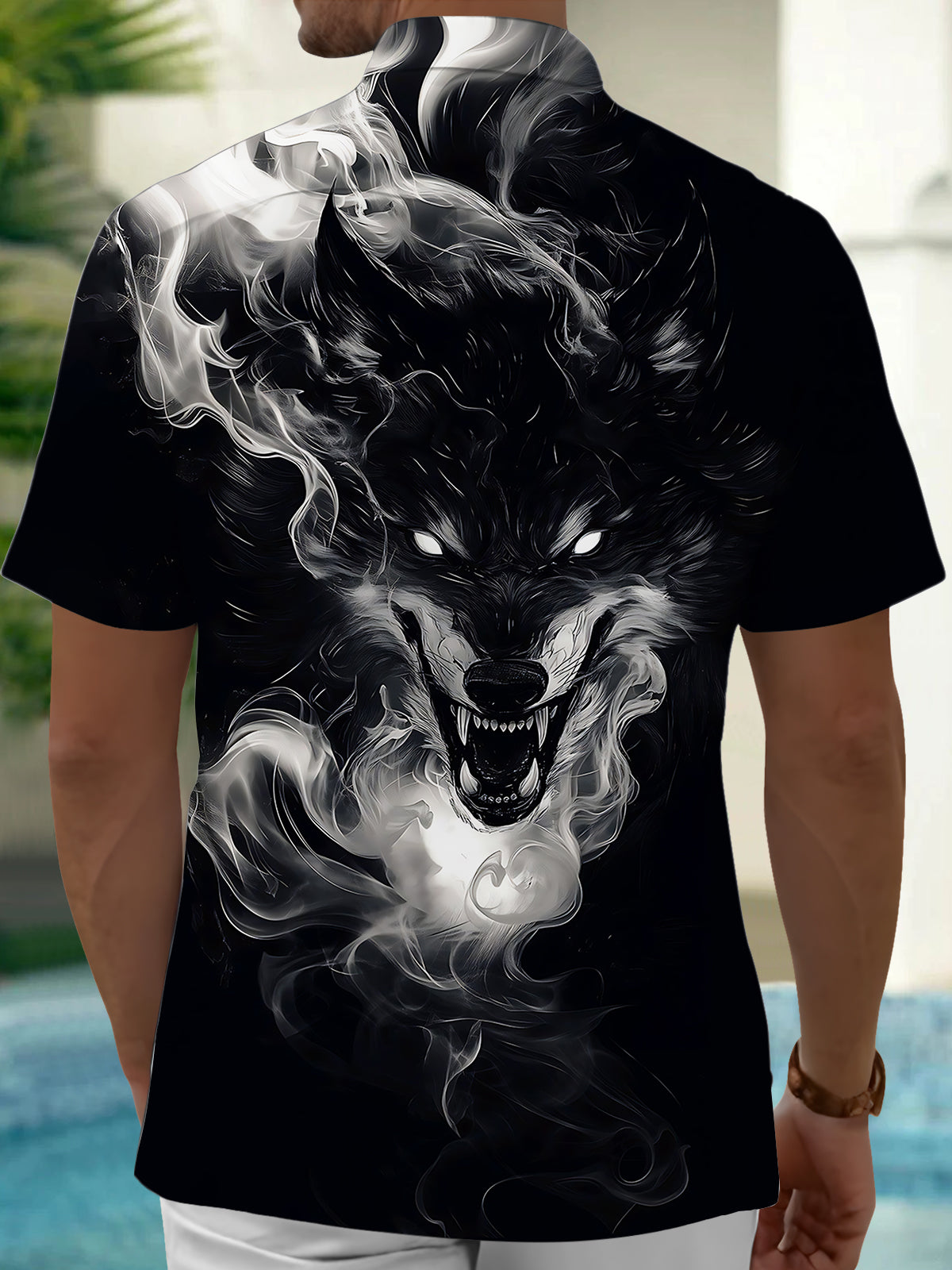 Wolf Print Men's Pocket Short Sleeve Shirts