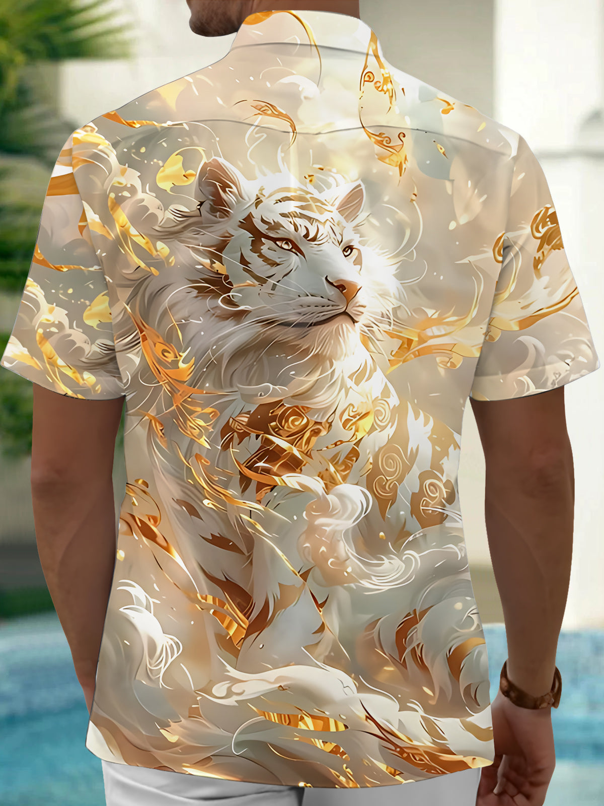 White Tiger Art Print Men's Pocket Short Sleeve Shirts