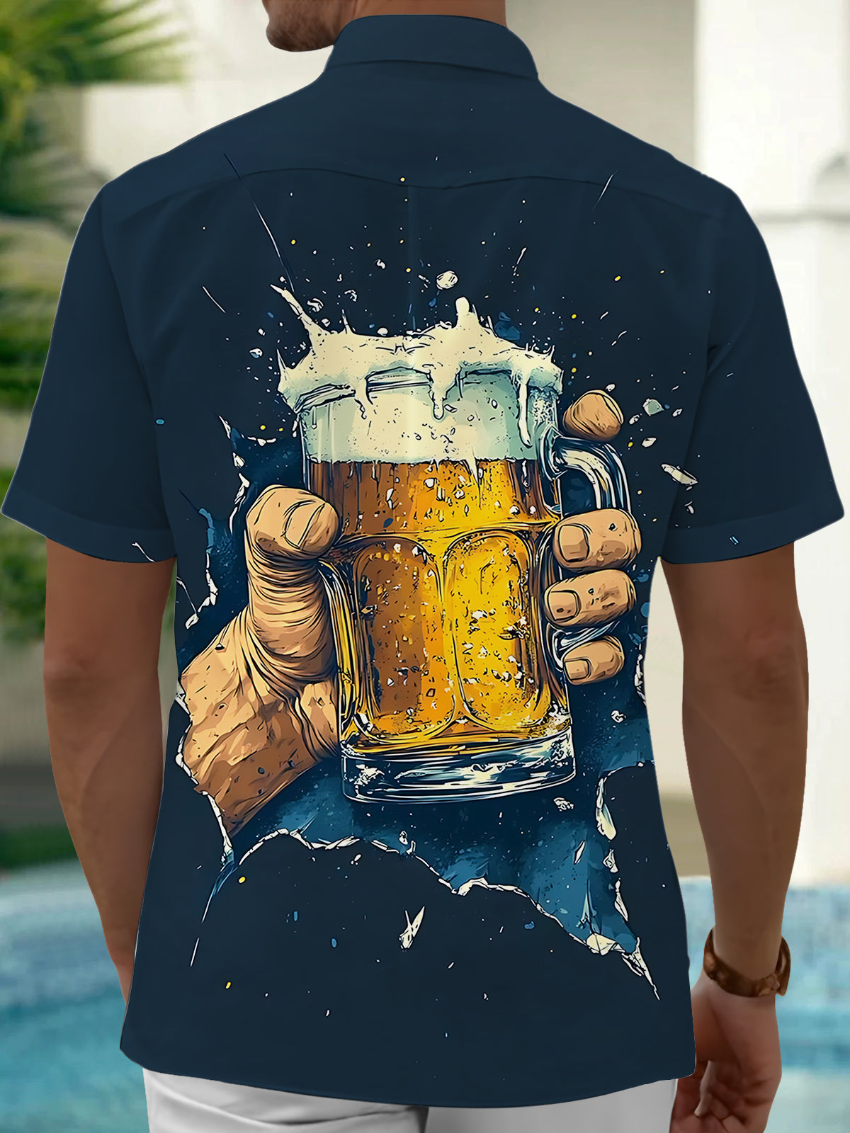 Beer Print Men's Pocket Short Sleeve Shirts