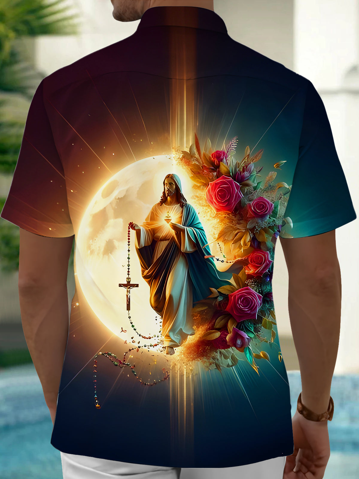 Jesus Cross Gradient Moon Floral Men's Pocket Short Sleeve Shirts