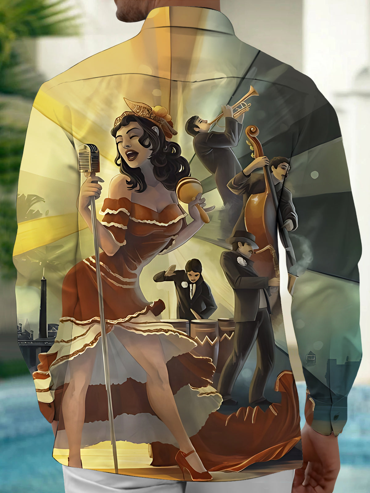 Retro Music Art Print Men's Pocket Long Sleeve Shirts