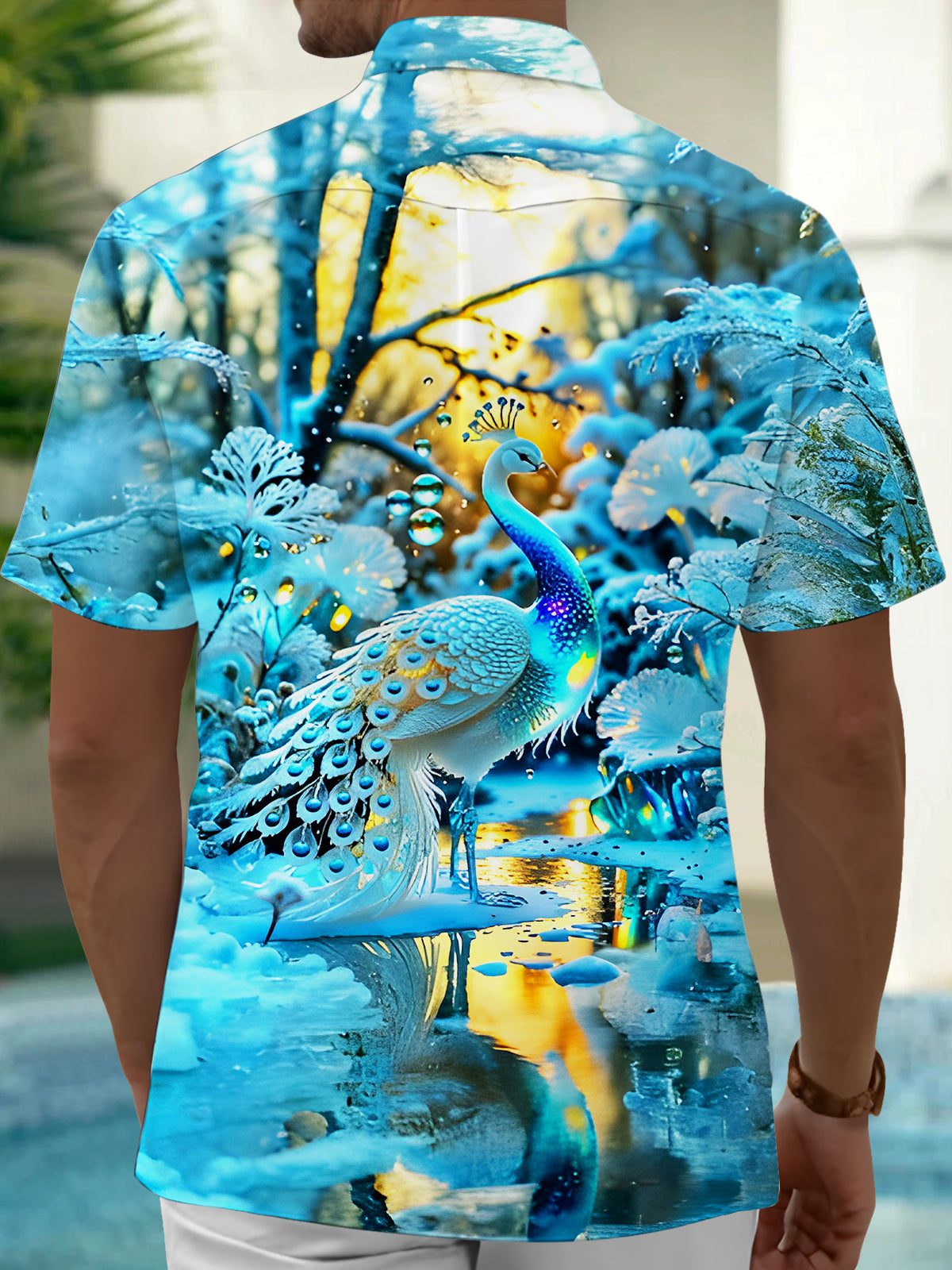Art Ice Snow Peacock Men's Pocket Short Sleeve Shirts