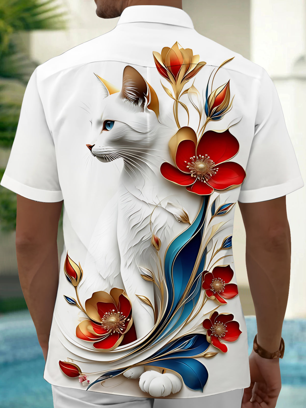 Cat Floral Print Men's Pocket Short Sleeve Shirts