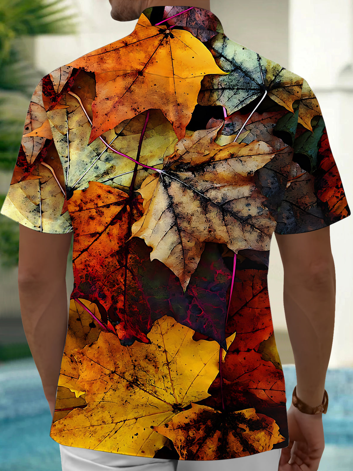 Autumn Maple Leaf Print Men's Pocket Short Sleeve Shirts