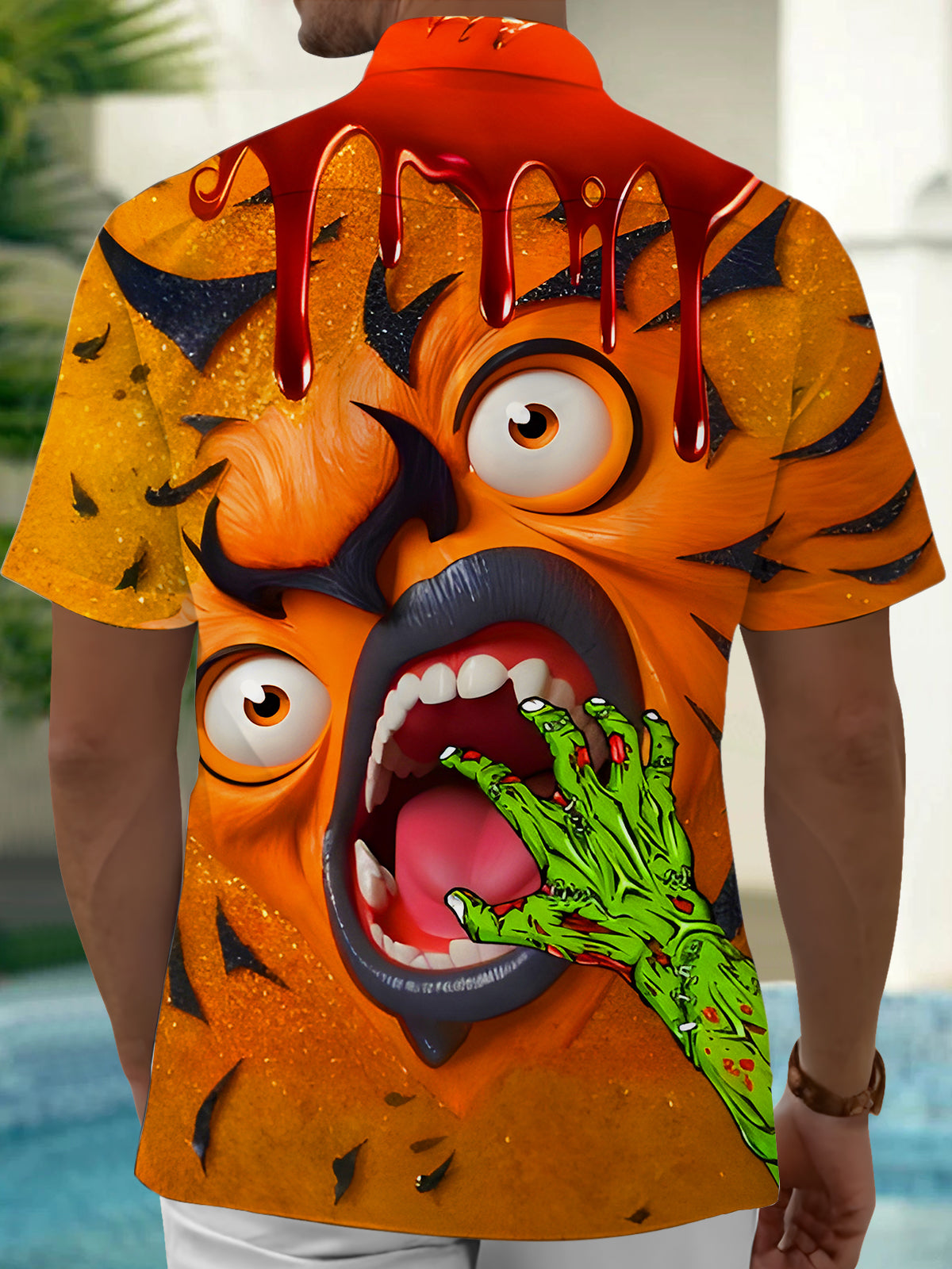 Funny Halloween Screaming Monster Bat Men's Pocket Short Sleeve Shirts