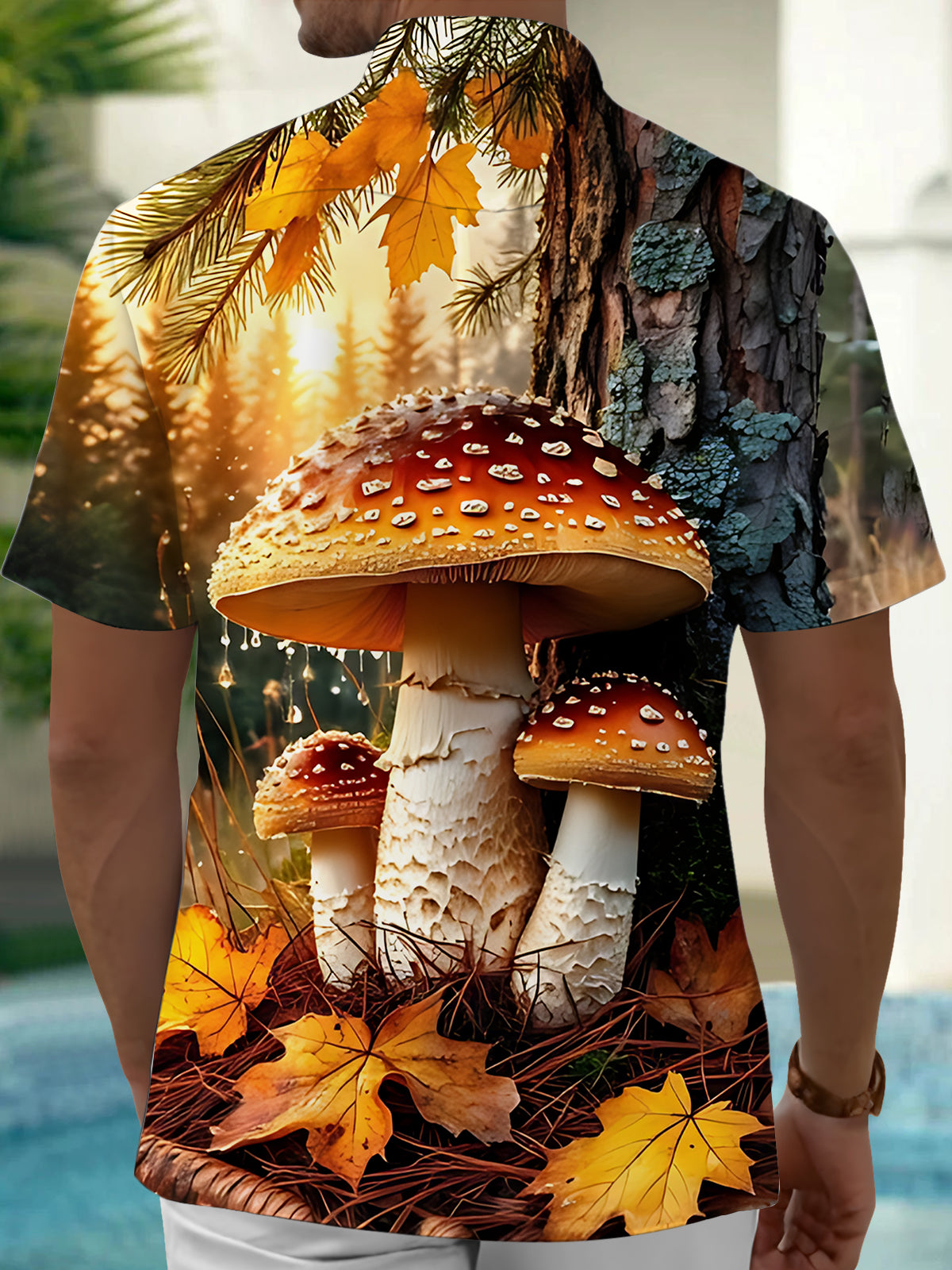 Autumn Mushroom Maple Leaf Print Men's Pocket Short Sleeve Shirts
