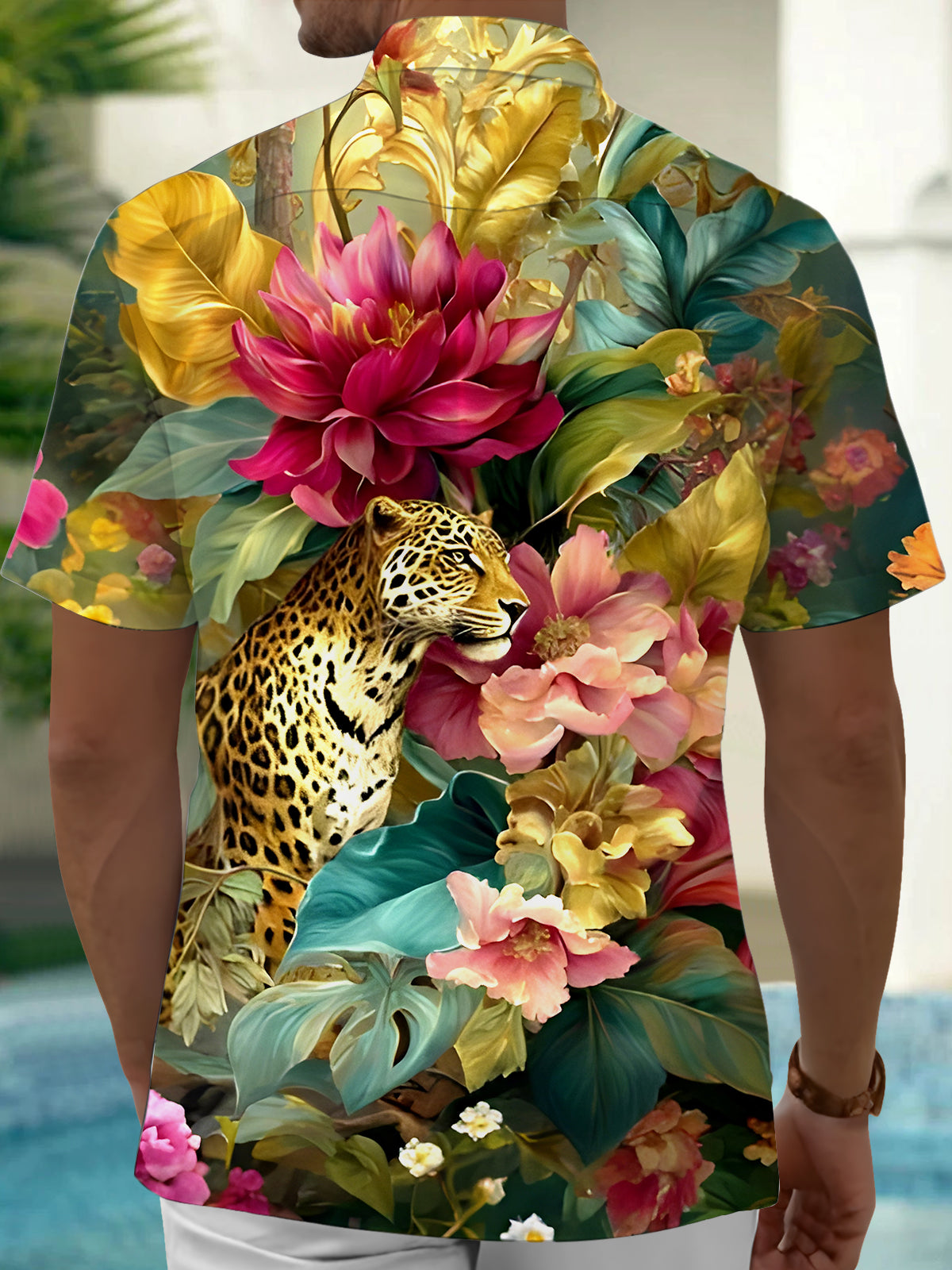 Cheetah Floral Men's Pocket Short Sleeve Shirts