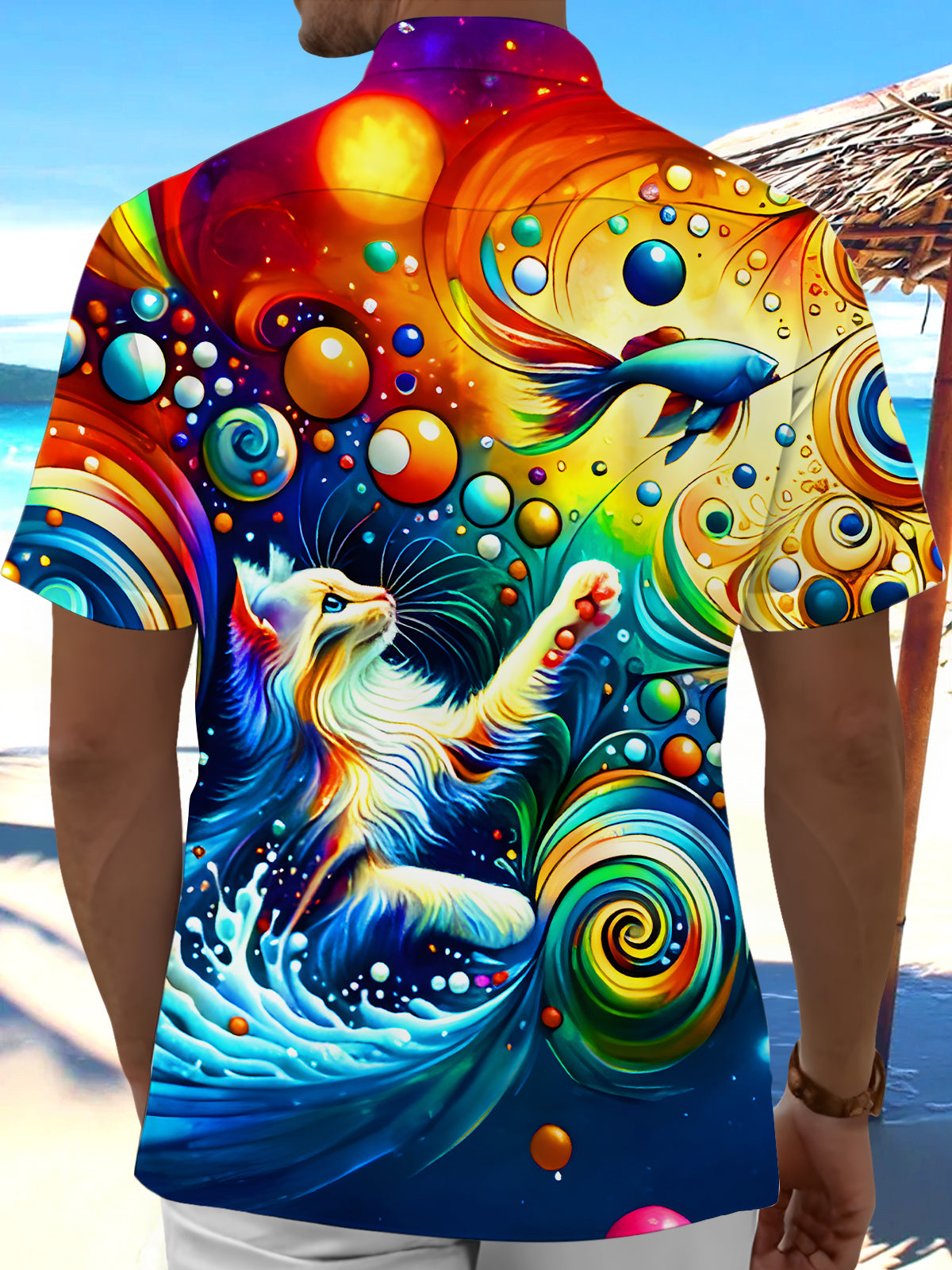 Funny Cat Catching Fish Colorful Swirl Men's Pocket Short Sleeve Shirts