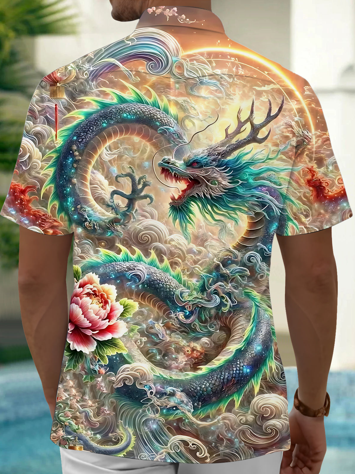 Dragon Print Men's Pocket Short Sleeve Shirts