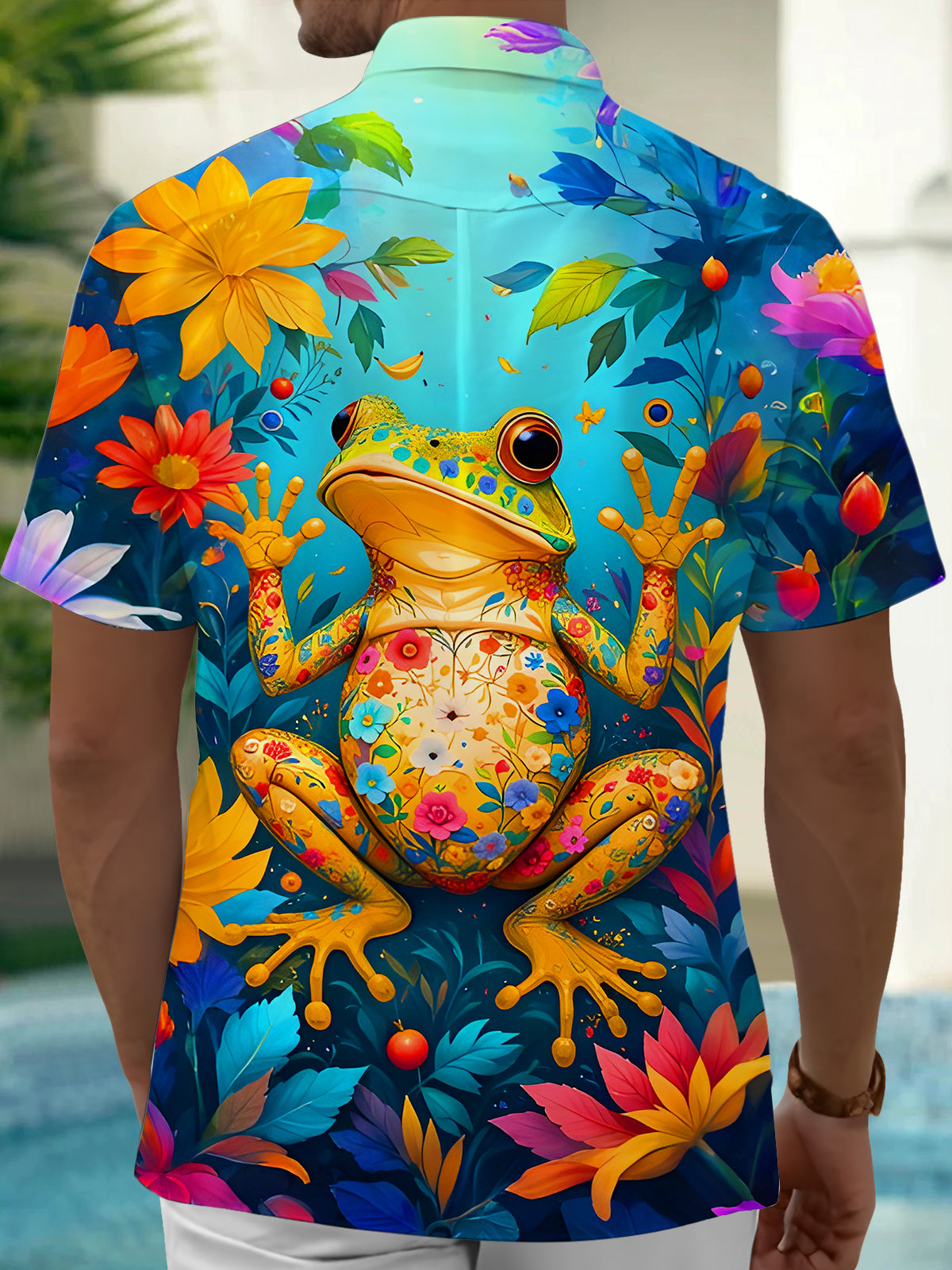 Funny Colorful Frog Floral Men's Pocket Short Sleeve Shirts