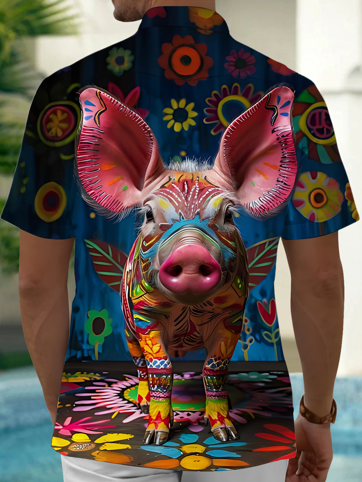 Funny Graffiti Pig Print Men's Pocket Short Sleeve Shirts