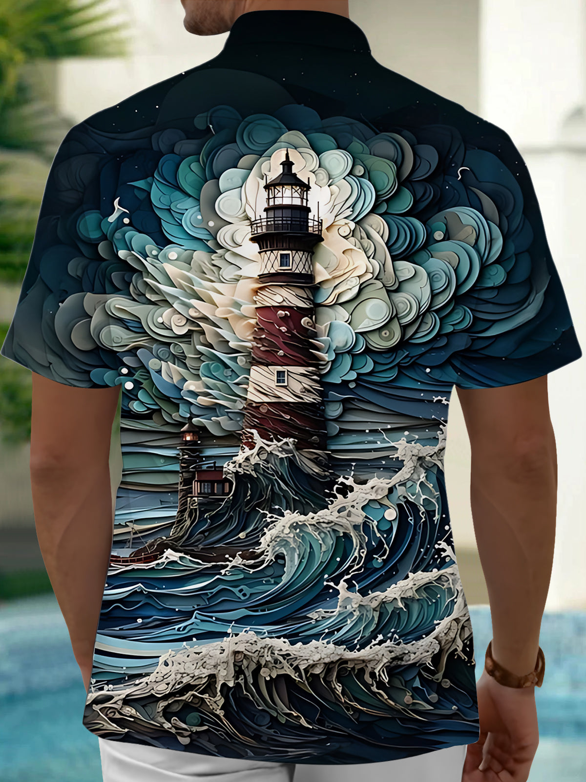 Lighthouse Print Men's Pocket Short Sleeve Shirts