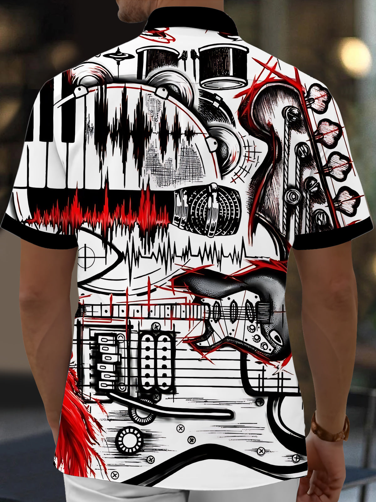 Musical Instrument Print Men's Pocket Short Sleeve Shirts
