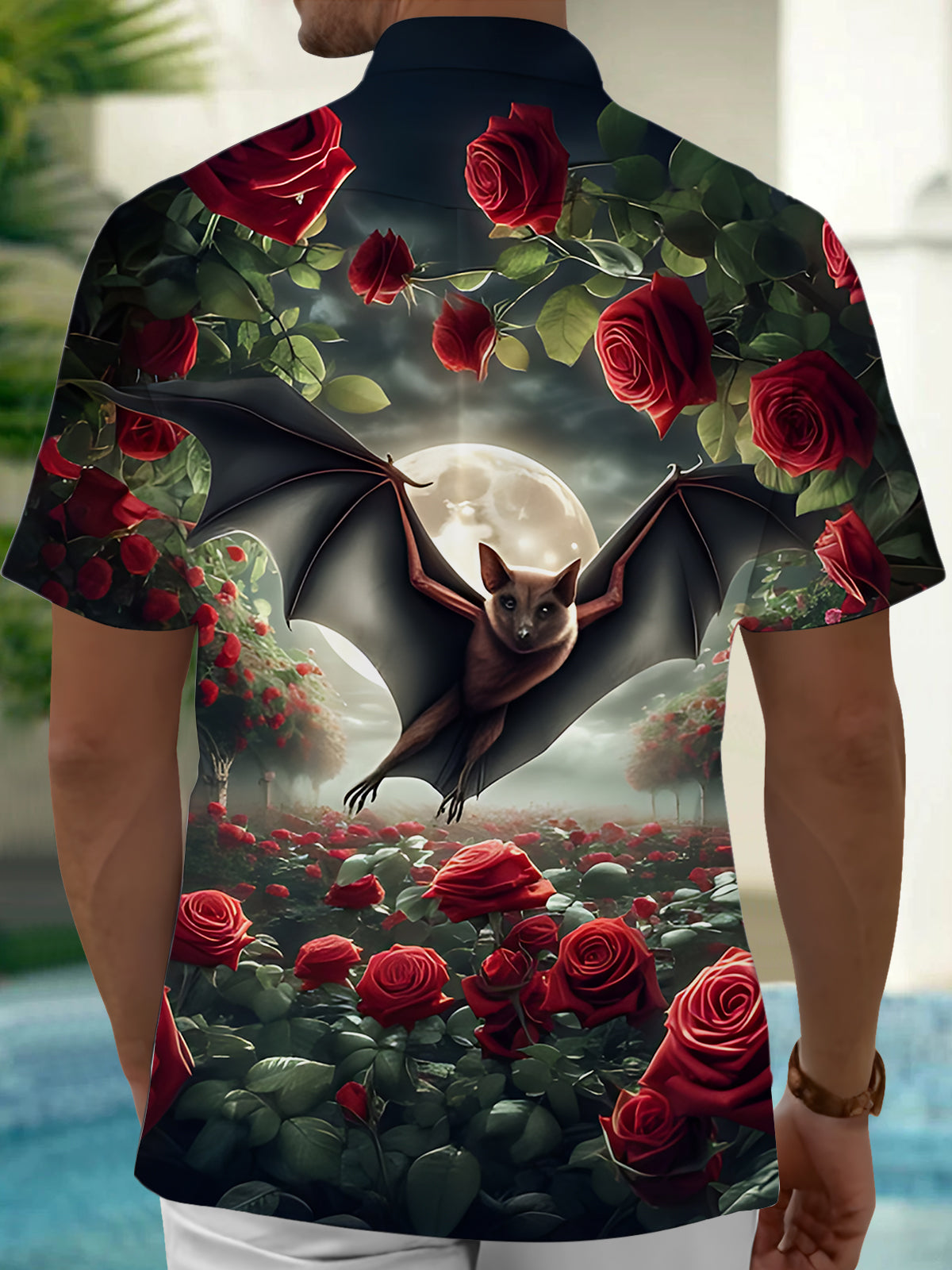 Bat Moon Print Men's Pocket Short Sleeve Shirts