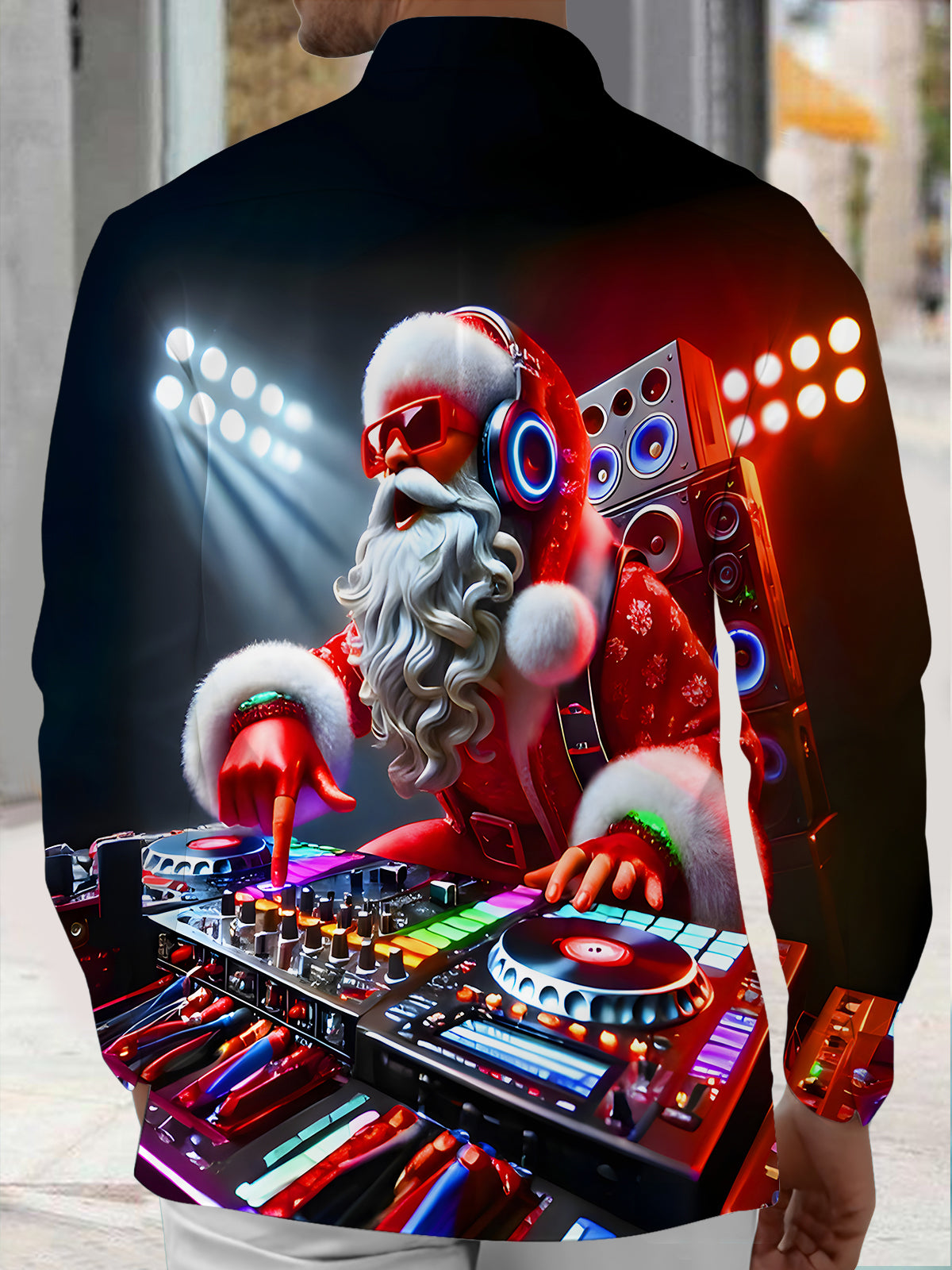 DJ Santa Music Party Xmas Men's Pocket Long Sleeve Shirts