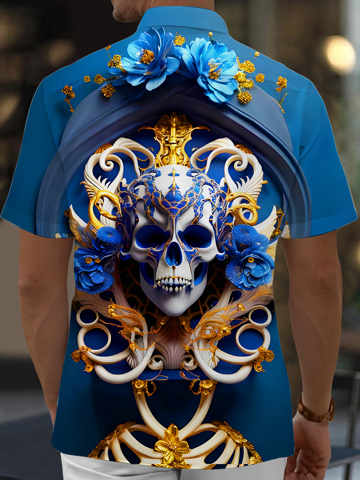 Funny Skull Floral Art Relief Halloween Men's Pocket Short Sleeve Shirts