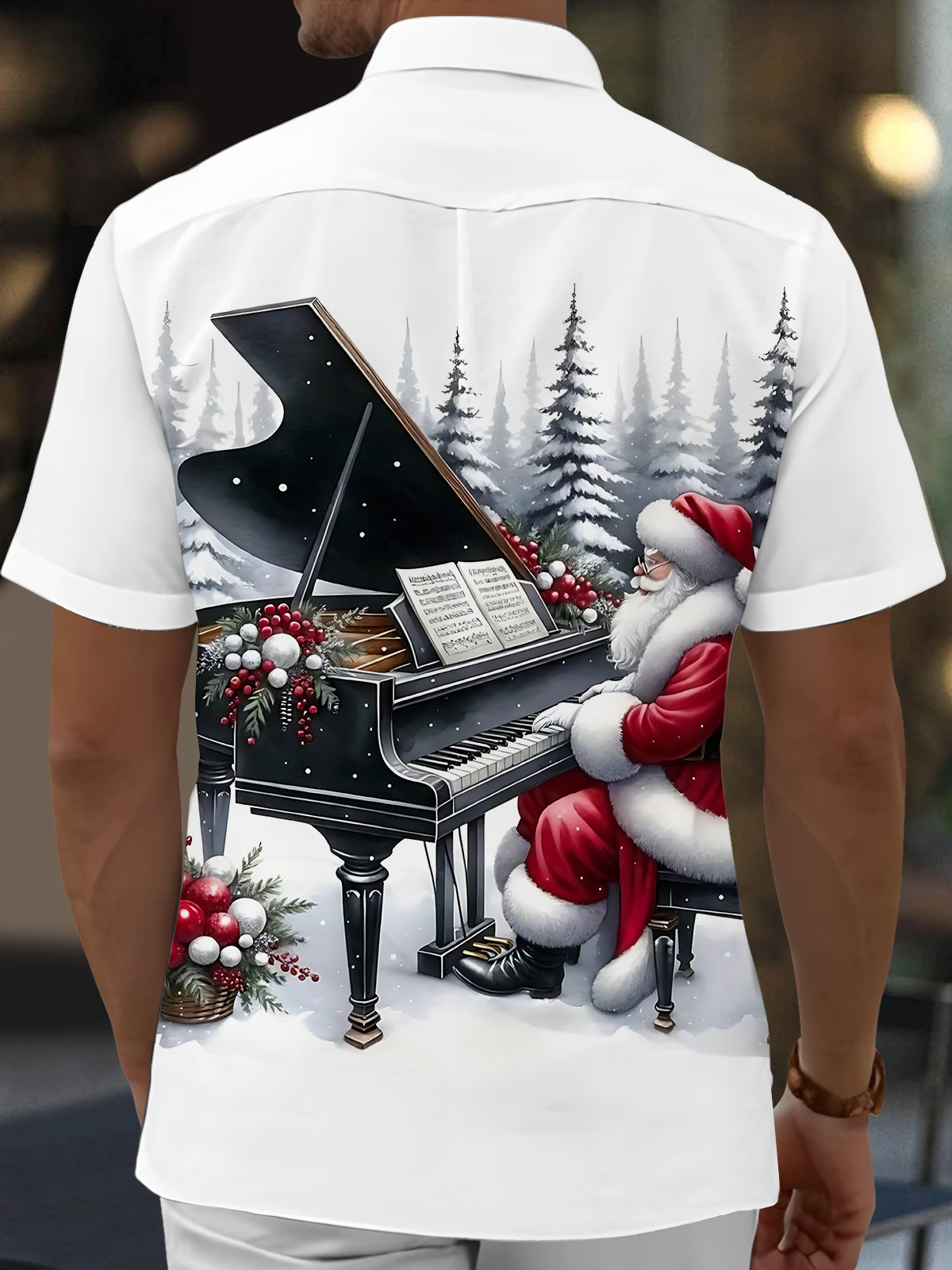 Santa Claus Piano Print Men's Pocket Short Sleeve Shirts