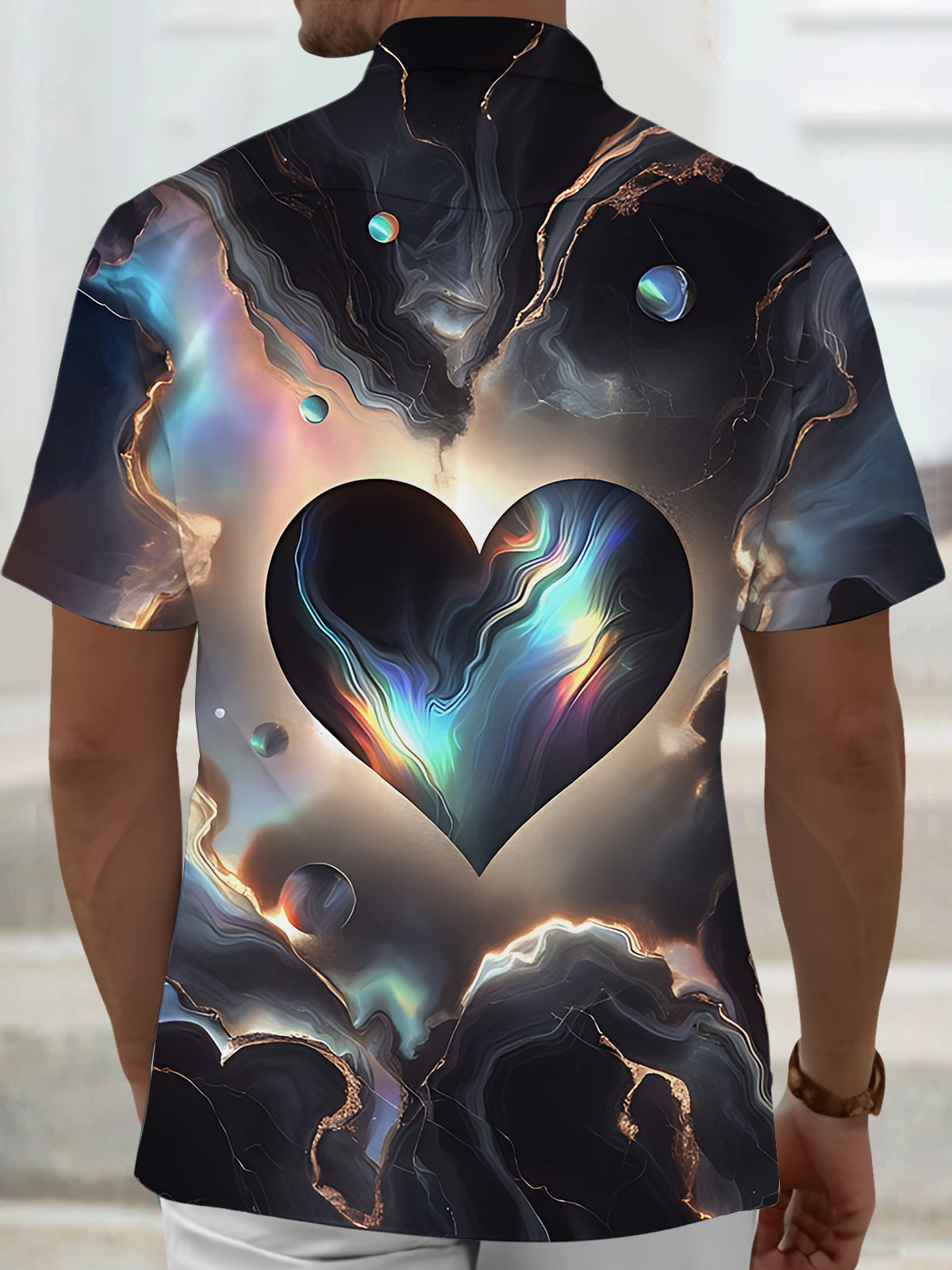 Gradient Heart Print Men's Pocket Short Sleeve Shirts
