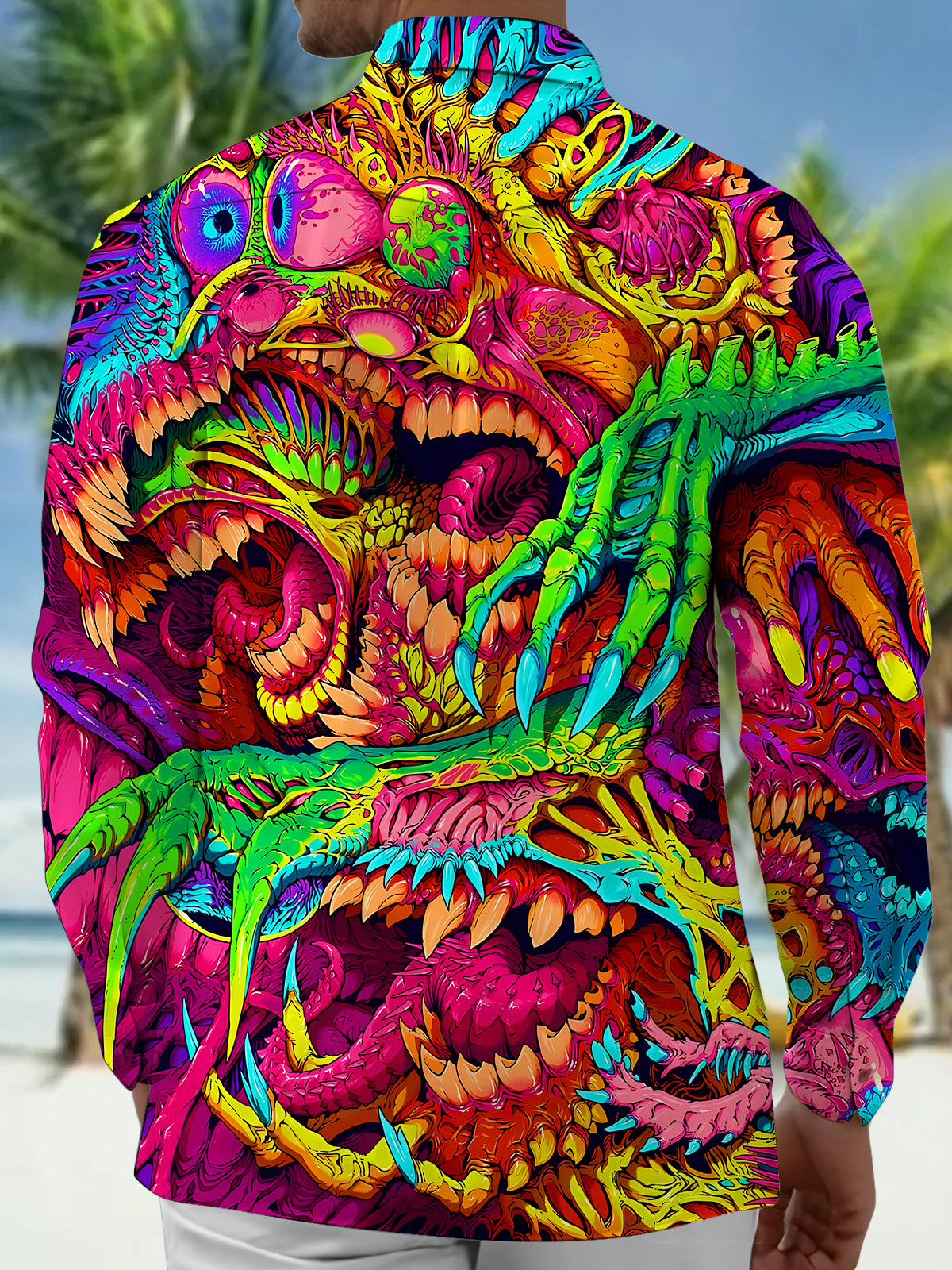 Halloween Fantasy Abstract Monster Eyes Ghost Hands Mouths Men's Pocket Long Sleeve Shirts