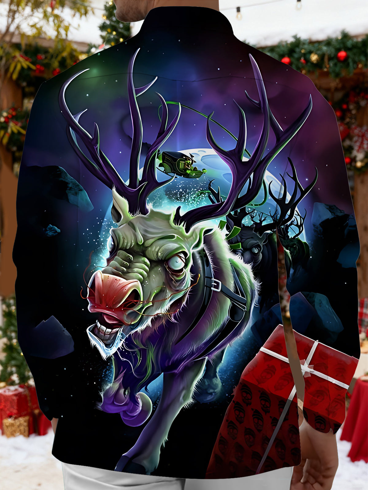 Christmas Reindeer Art Print Men's Pocket Long Sleeve Shirts