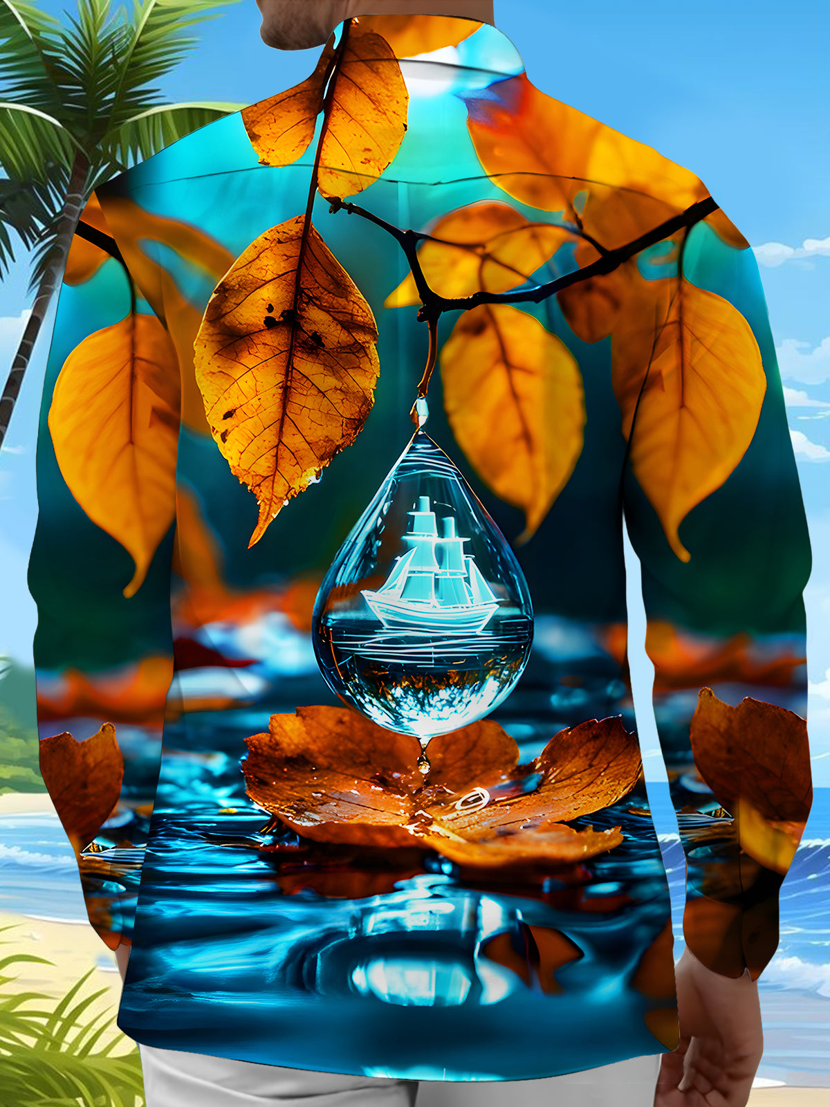 Autumn Leaves Water Drop Boat Men's Pocket Long Sleeve Shirts