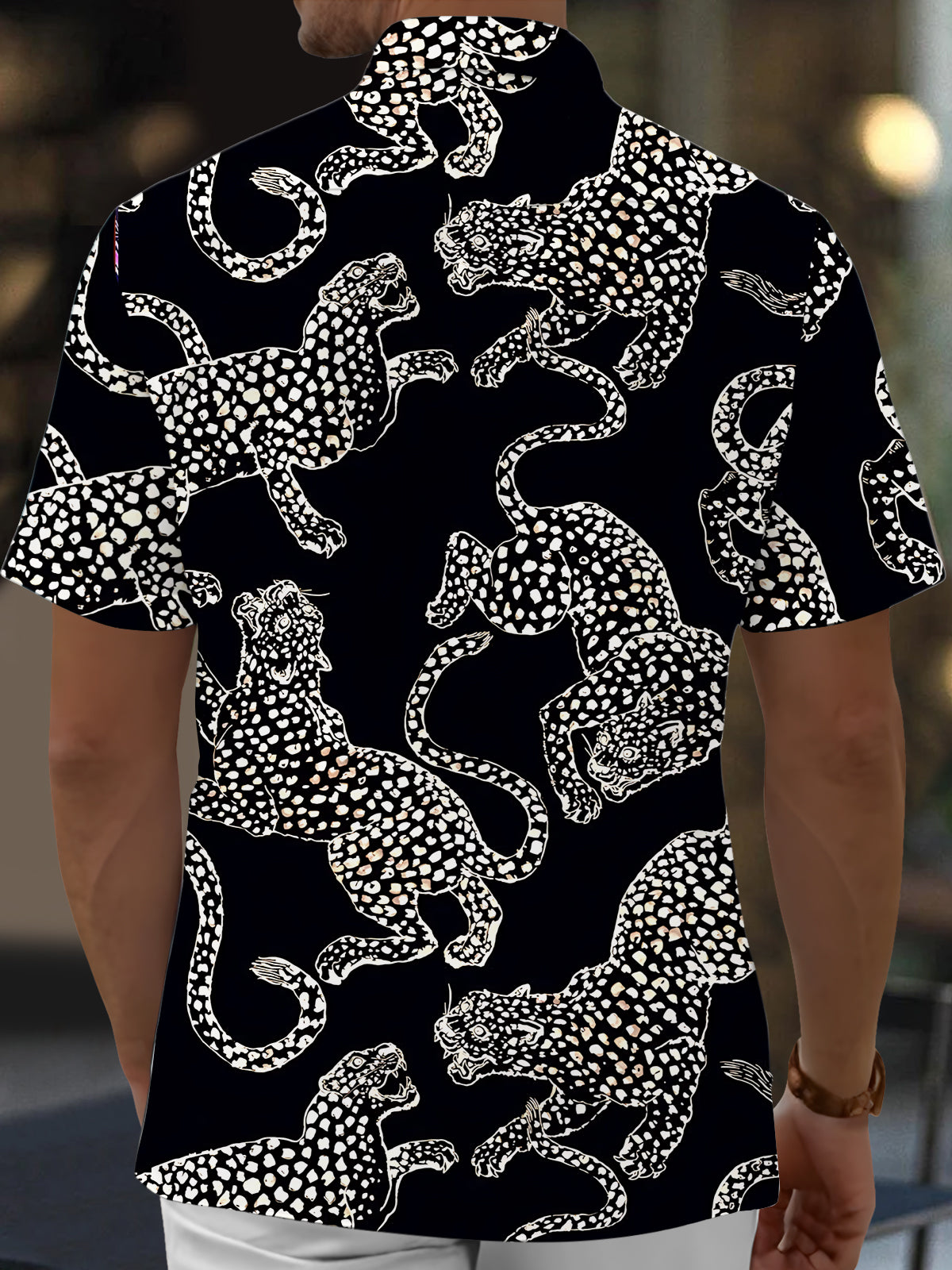 Black White Leopard Print Men's Pocket Short Sleeve Shirts