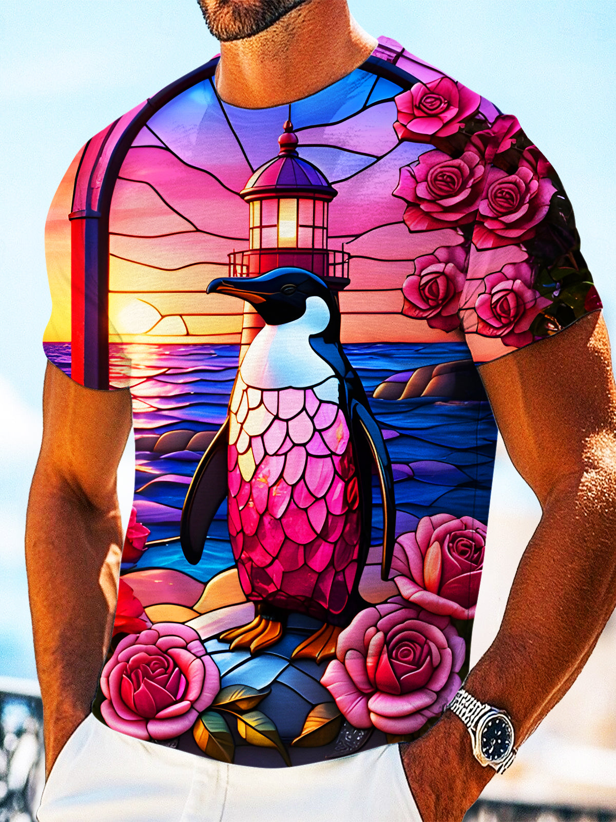 Funny Penguin Lighthouse Floral Round Neck Short Sleeve Men's T-shirt