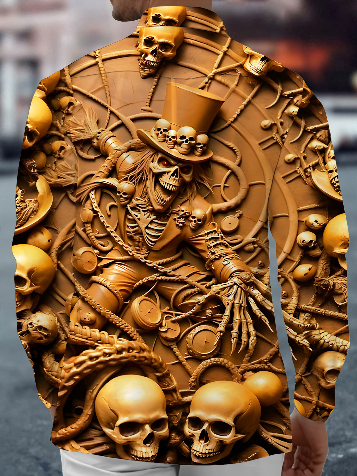 Funny Art Skull Relief Halloween Men's Pocket Long Sleeve Shirts