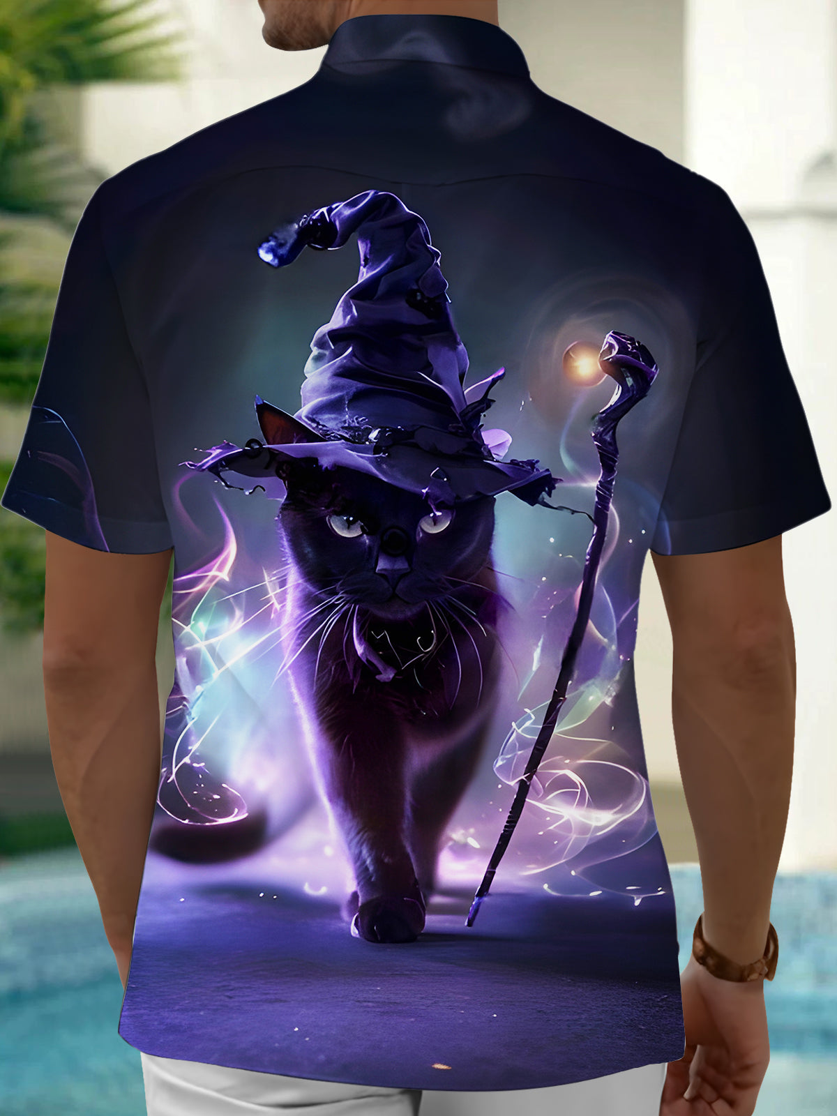 Dark Magic Witch Cat Halloween Men's Pocket Short Sleeve Shirts