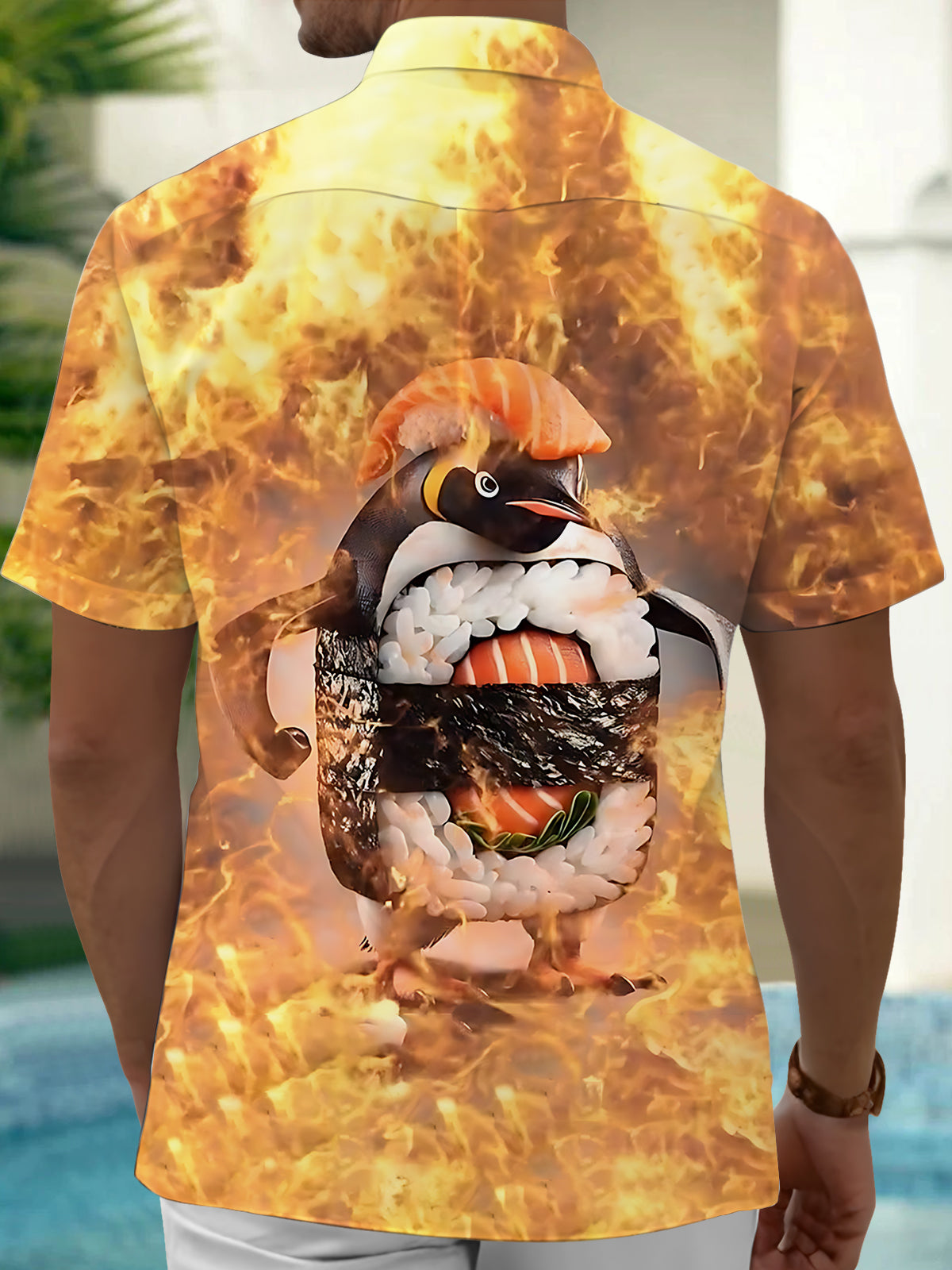 Flame Penguin Sushi Print Men's Pocket Short Sleeve Shirts