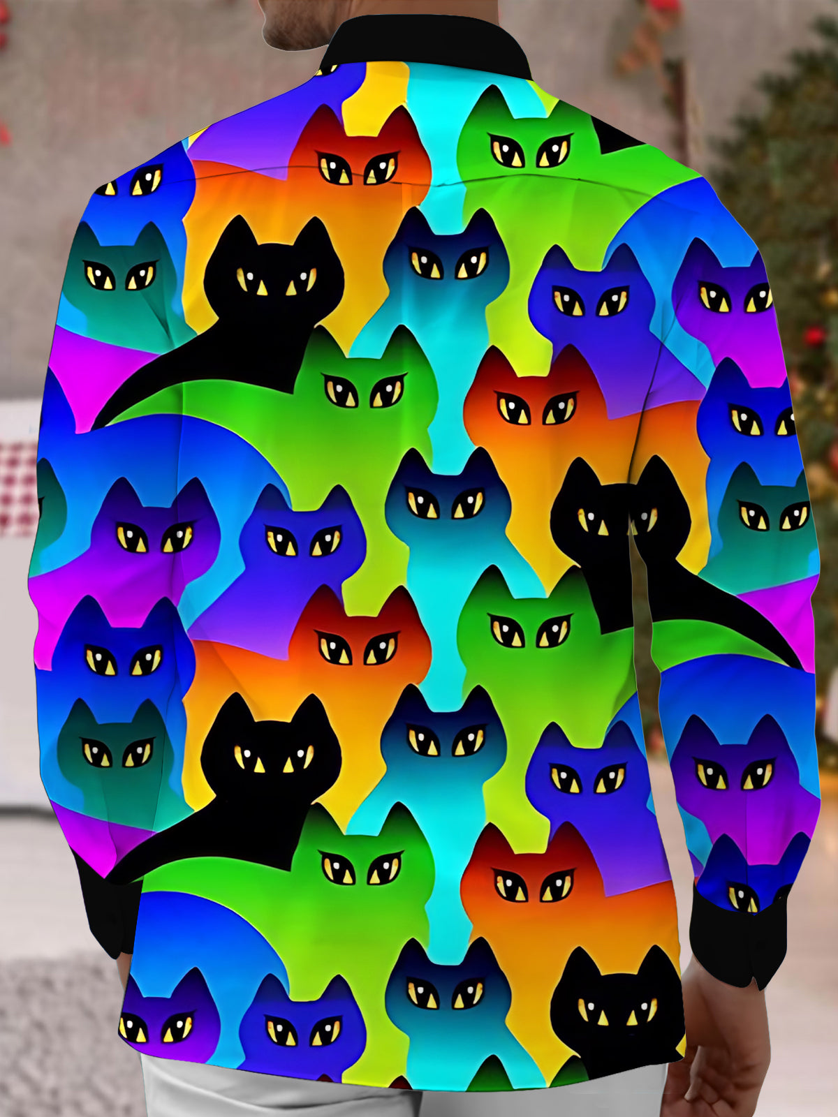 Colorful Cat Print Men's Pocket Long Sleeve Shirts