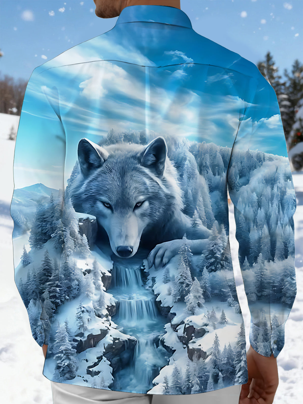 Wolf Print Men's Pocket Long Sleeve Shirts