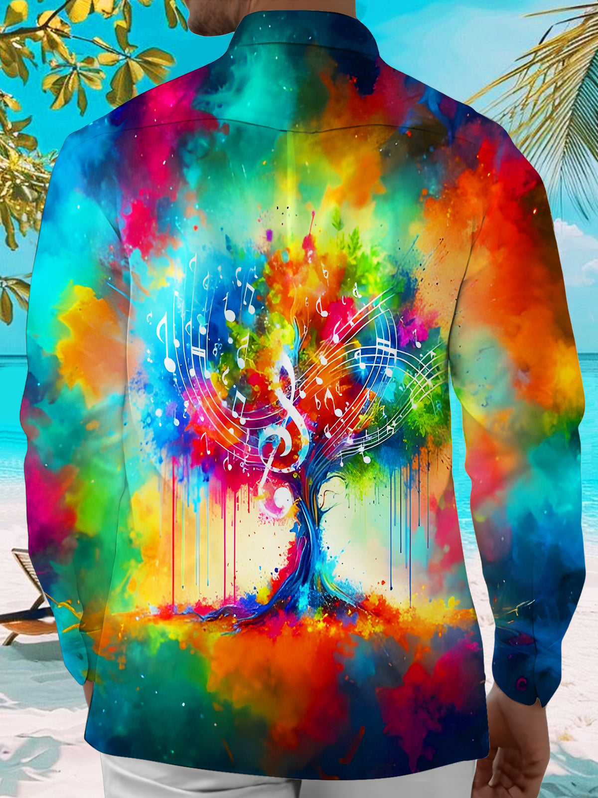Colorful Tie Dye Music Note Tree Men's Pocket Long Sleeve Shirts