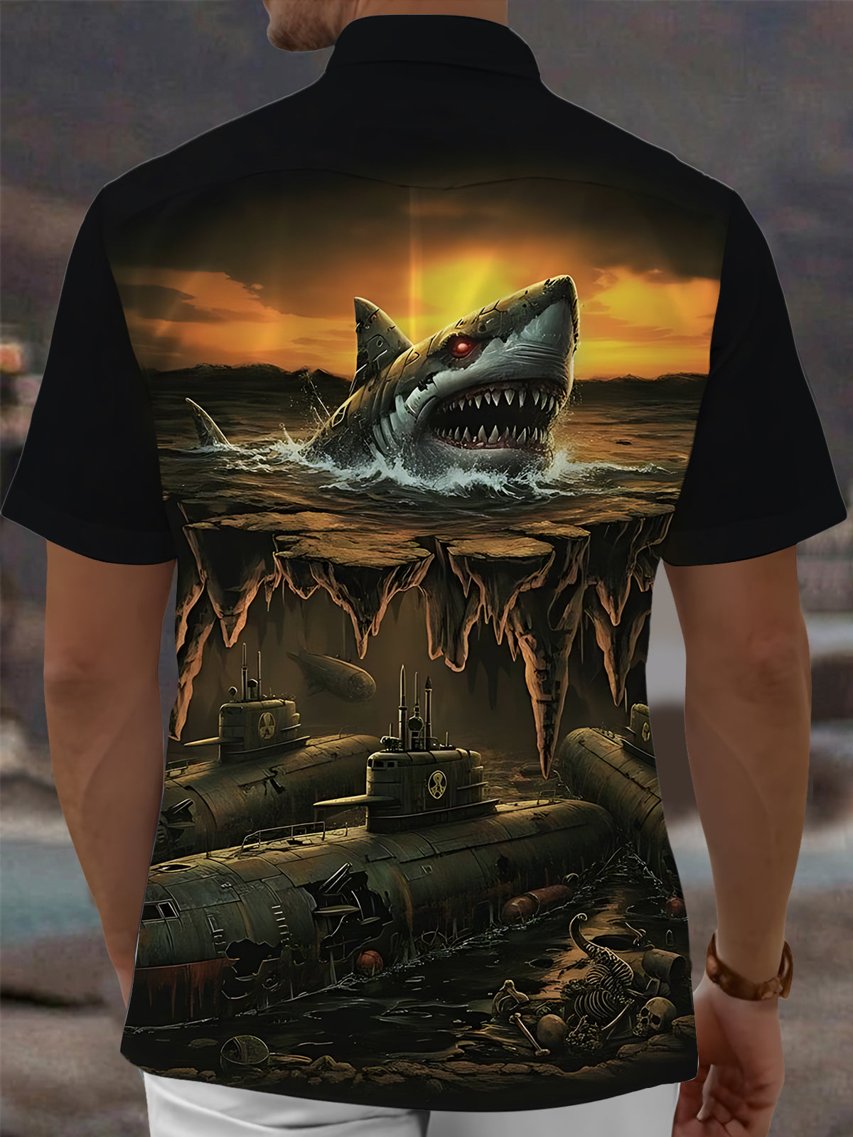 Shark Print Men's Pocket Short Sleeve Shirts