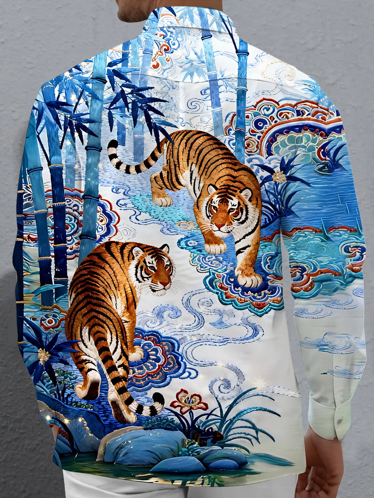 Tiger Bamboo Print Men's Pocket Long Sleeve Shirts