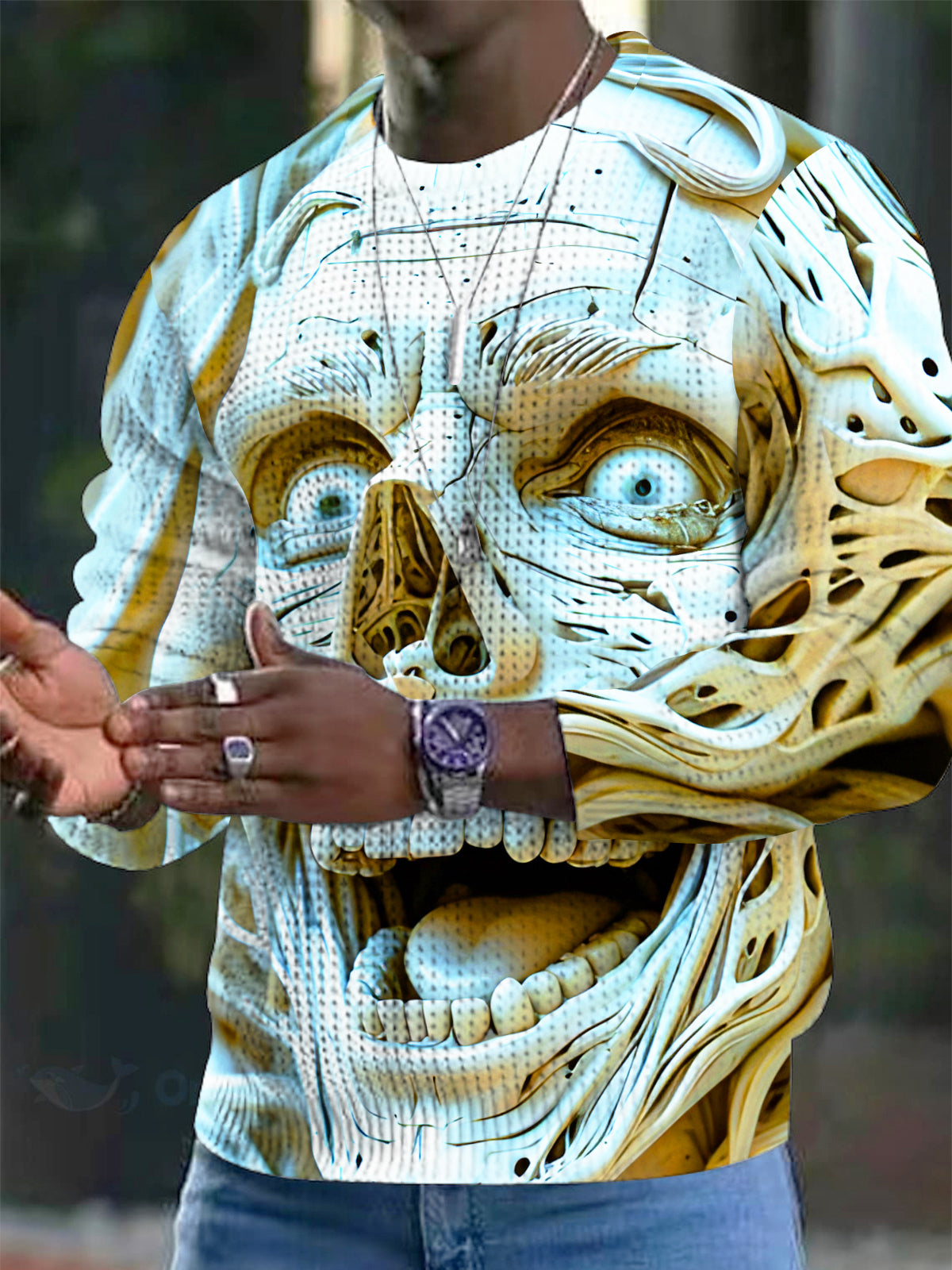 Funny Skull Art Relief Halloween Men's Long Sleeve Round Neck Top